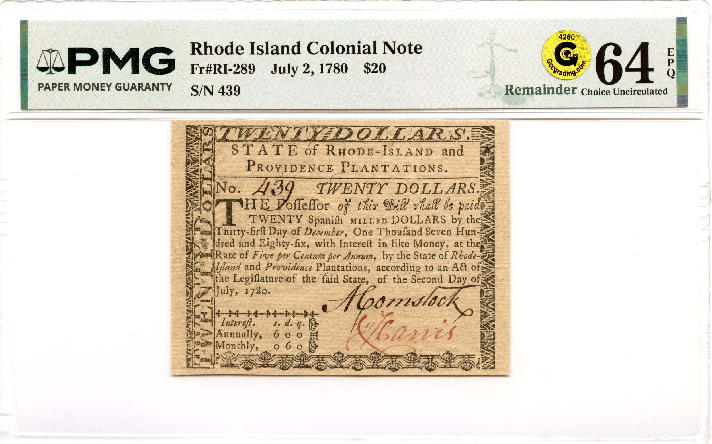 Rhode Island Colonial Note Fr#RI-289 July 2, 1780 $20 PMG CU-64 EPQ GCC Gold