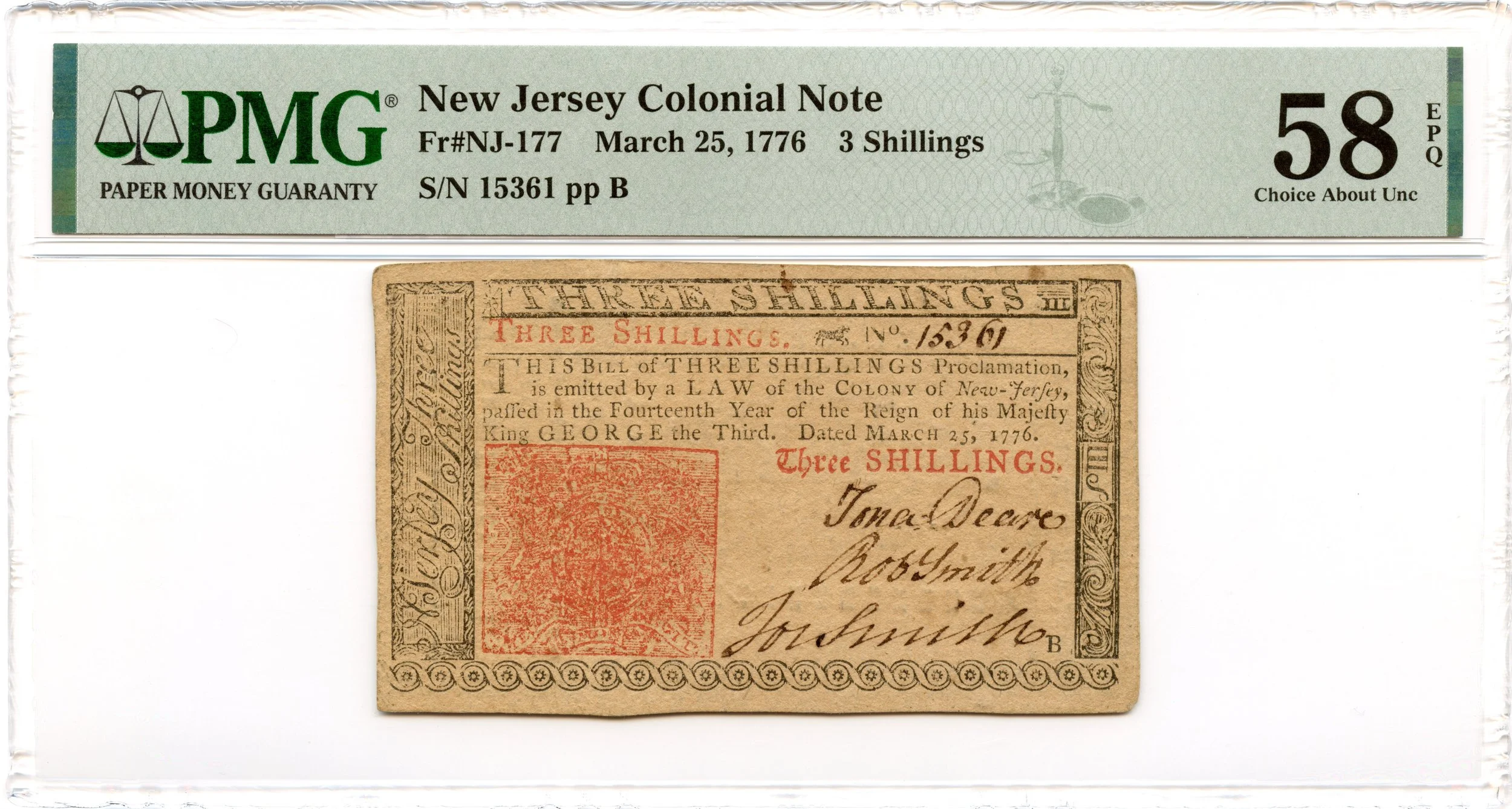 New Jersey Colonial Note Fr#NJ-177 March 25, 1776 3s PMG AU-58 EPQ
