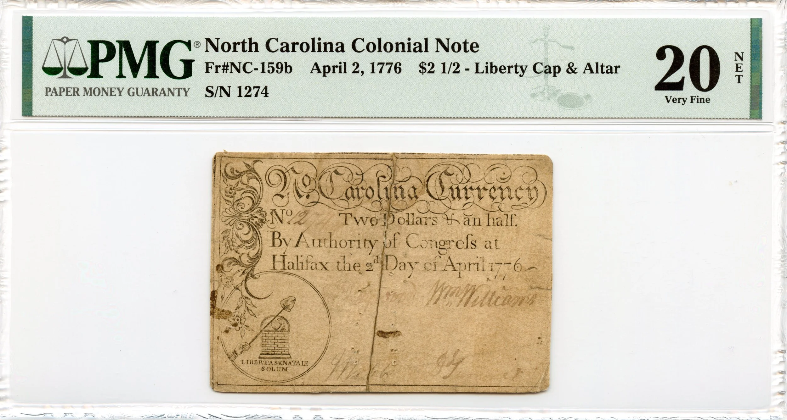 North Carolina Colonial Note Fr#NC-159b April 2, 1776 $2 1/2 Liberty Cap PMG VF-20 *9 Known*