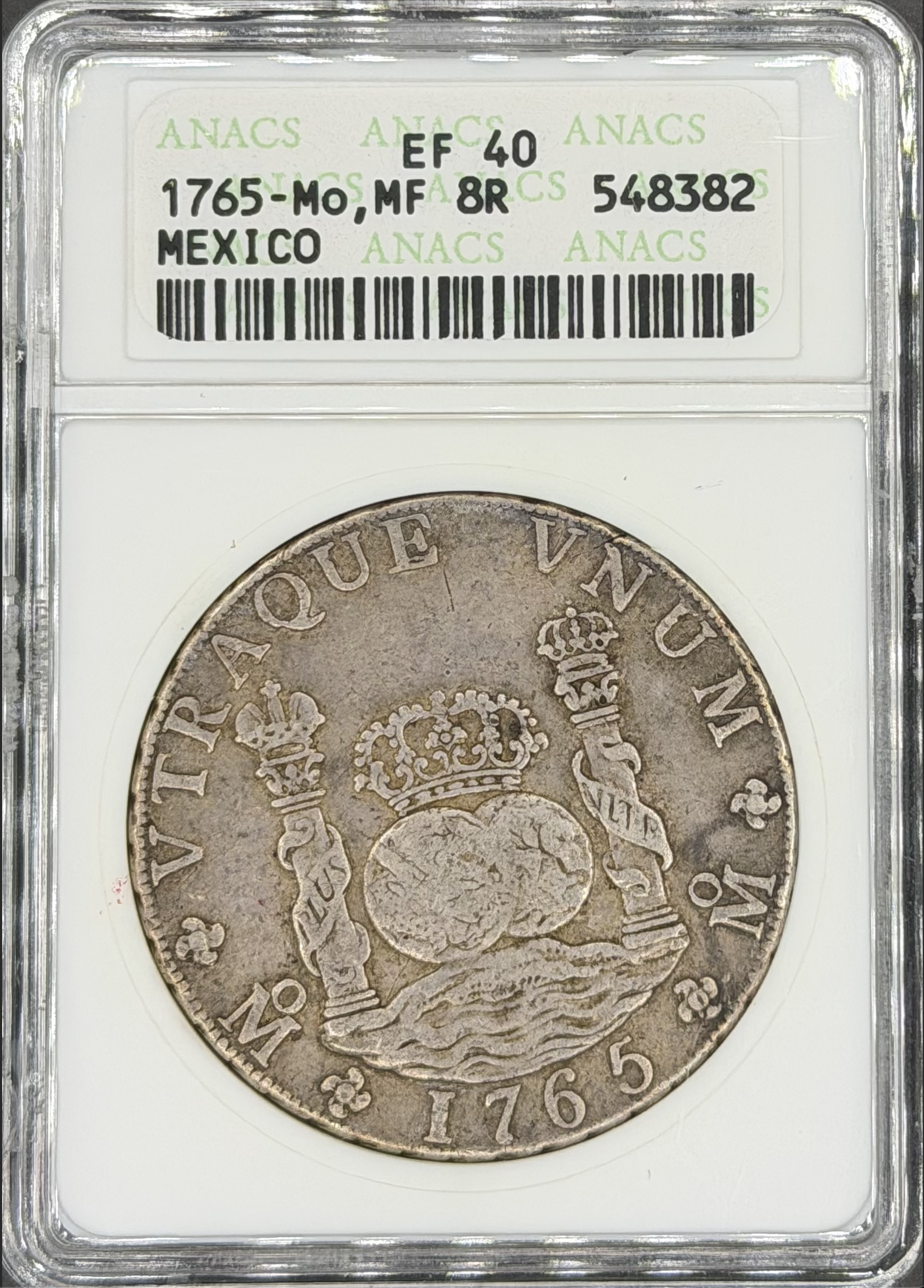 1765 Mo-MF 8 Reales Pillar Dollar Spanish Colonial Mexico ANACS XF-40 *U.S. Legal Tender*