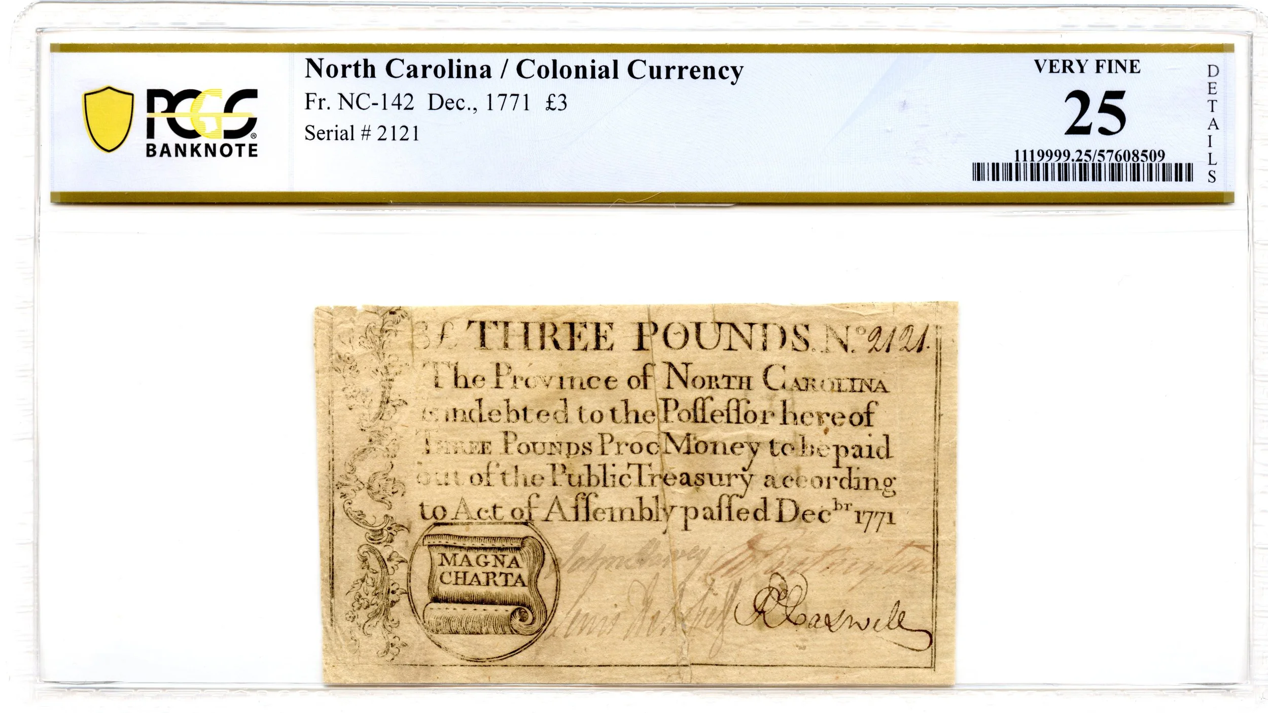 North Carolina Colonial Note Fr#NC-142 December, 1771 3Pds PCGS VF-25 *MAGNA CHARTA*