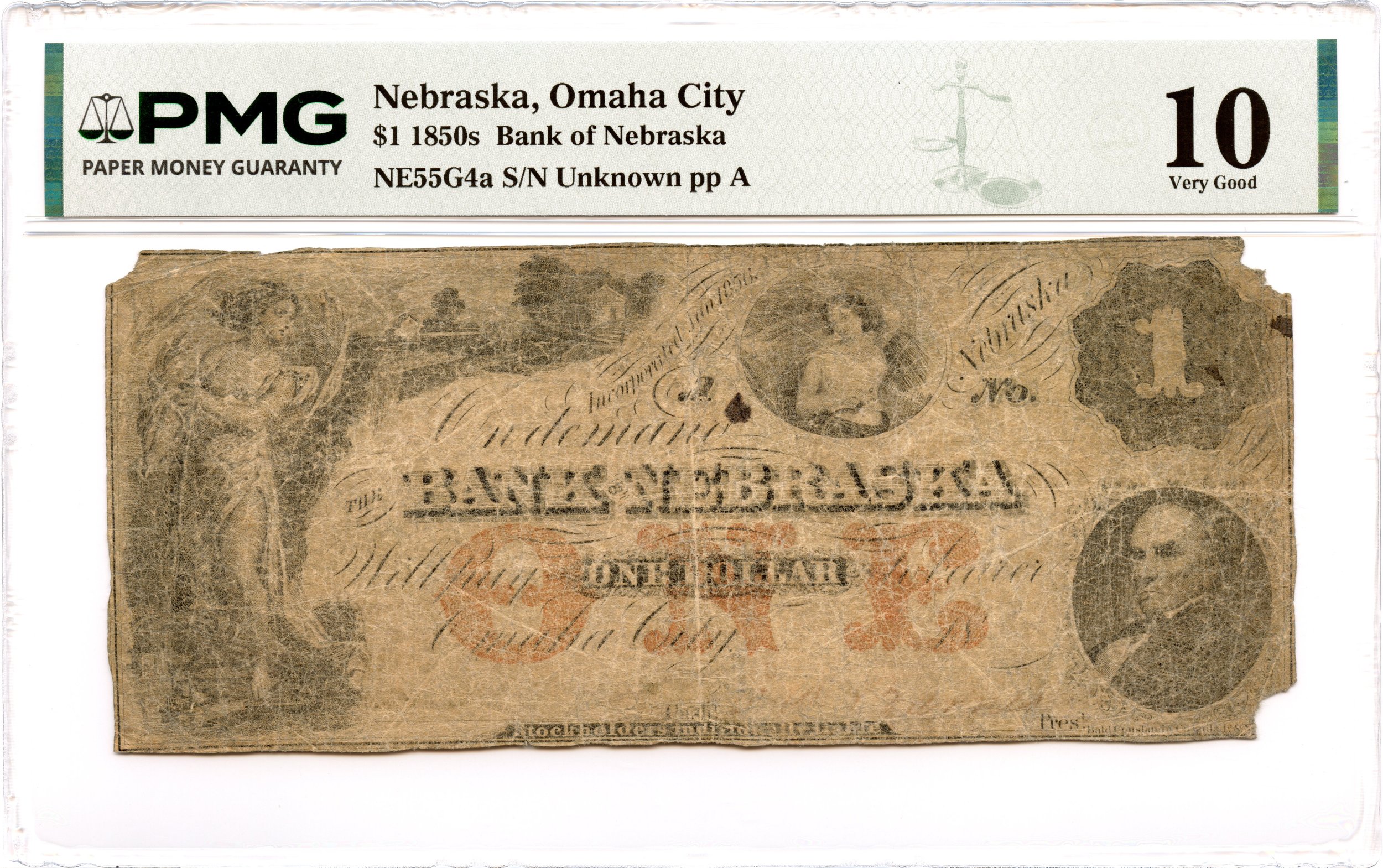 1850s $1 Omaha City, Nebraska Obsolete Note Bank of Nebraska PMG VG-10