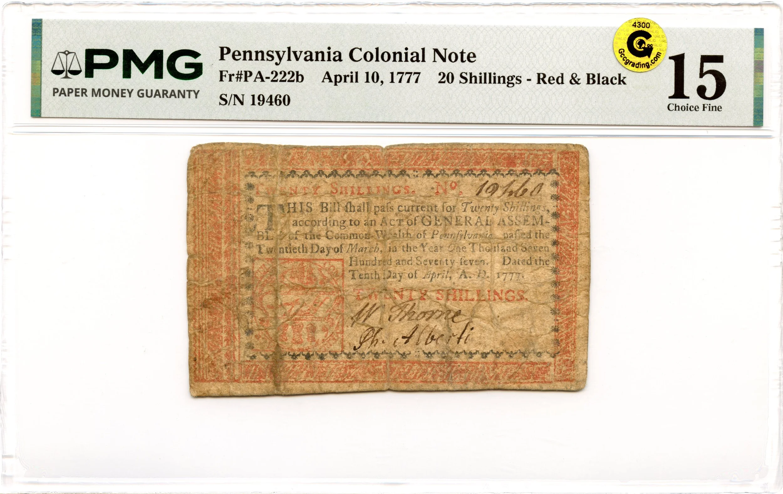 Pennsylvania Colonial Note Fr#PA-222b April 10, 1777 20s PMG F-15 GCC Gold