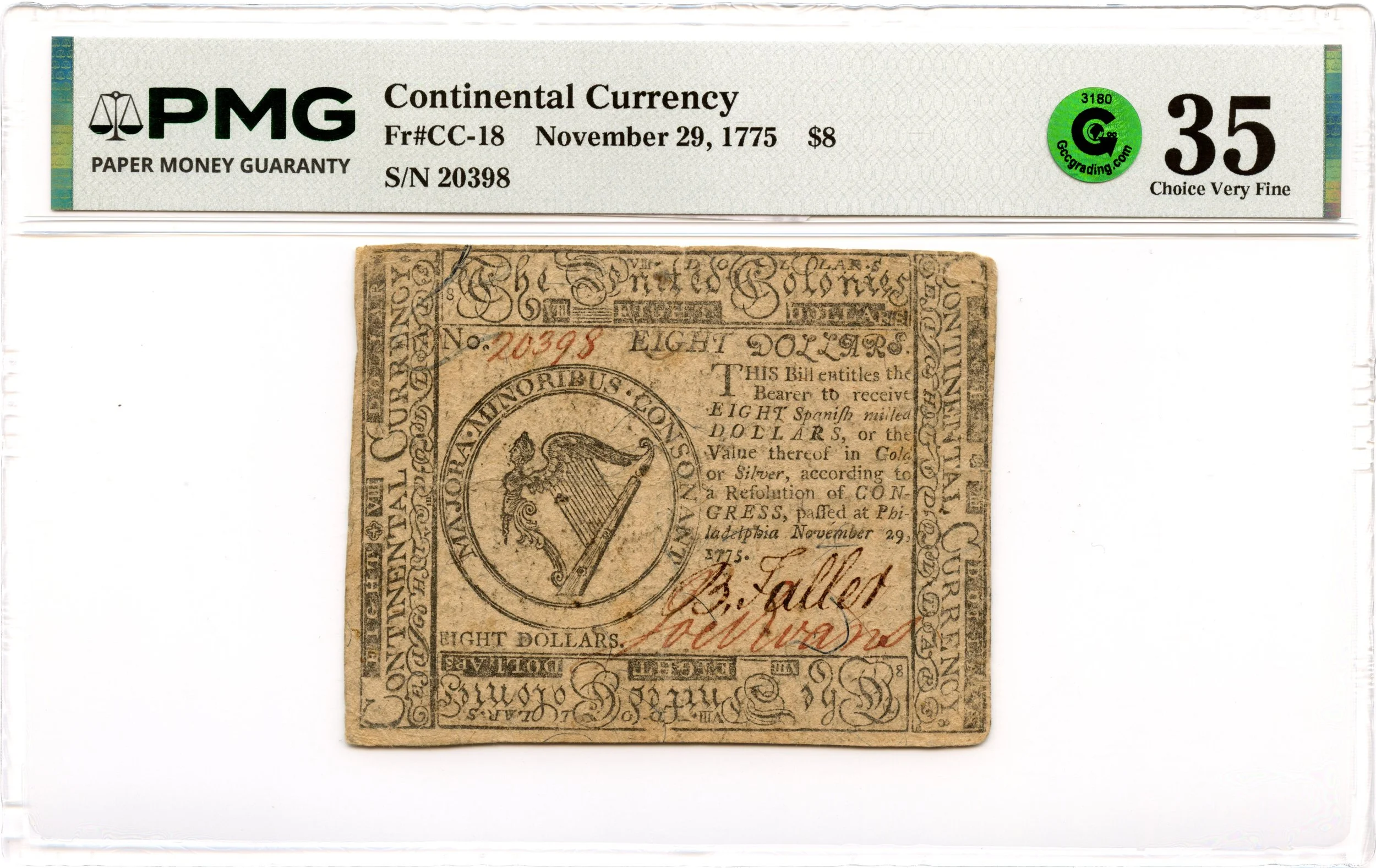 Continental Currency Fr#CC-18 November 29, 1775 $8 PMG VF-35 GCC Green