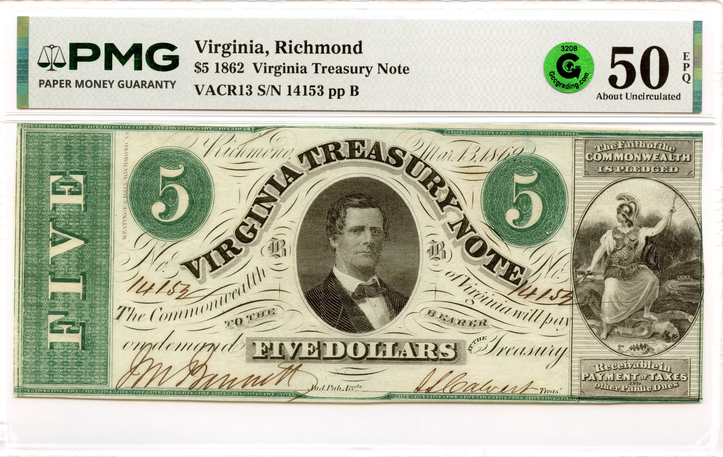 1862 $5 Richmond, Virginia Obsolete Note Virginia Treasury Note PMG AU-50 EPQ GCC Green