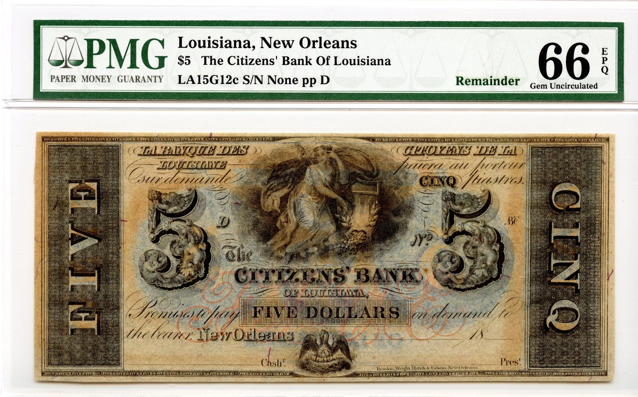 1850s $5 New Orleans, Louisiana Obsolete Note Citizens Bank PMG GEM 66 EPQ