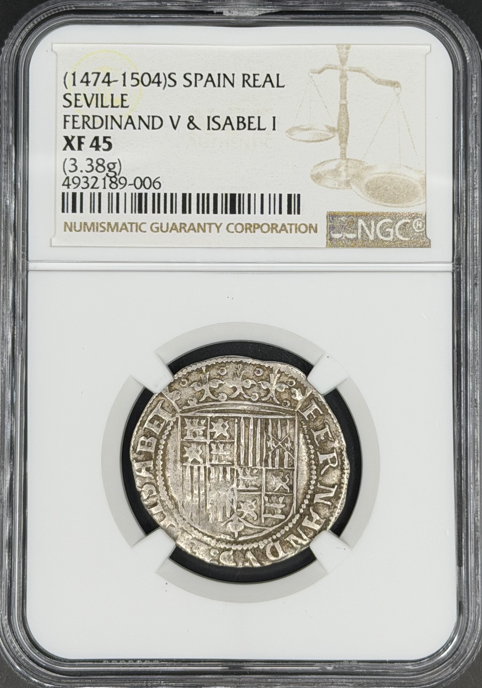 1474-1504 1 Real Spain, Seville Ferdinand V & Isabel I NGC XF-45