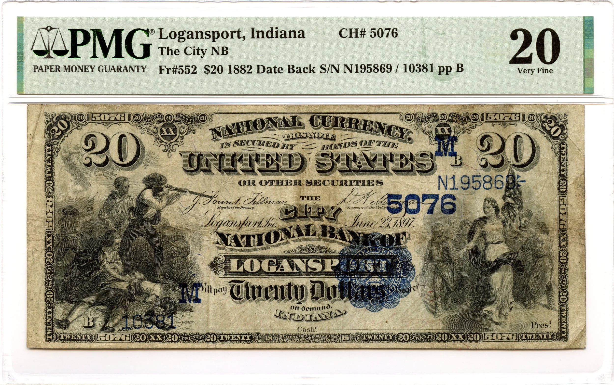1882 $20 National Date Back Fr#552 City NB Logansport, Indiana CH#5076 PMG VF-20