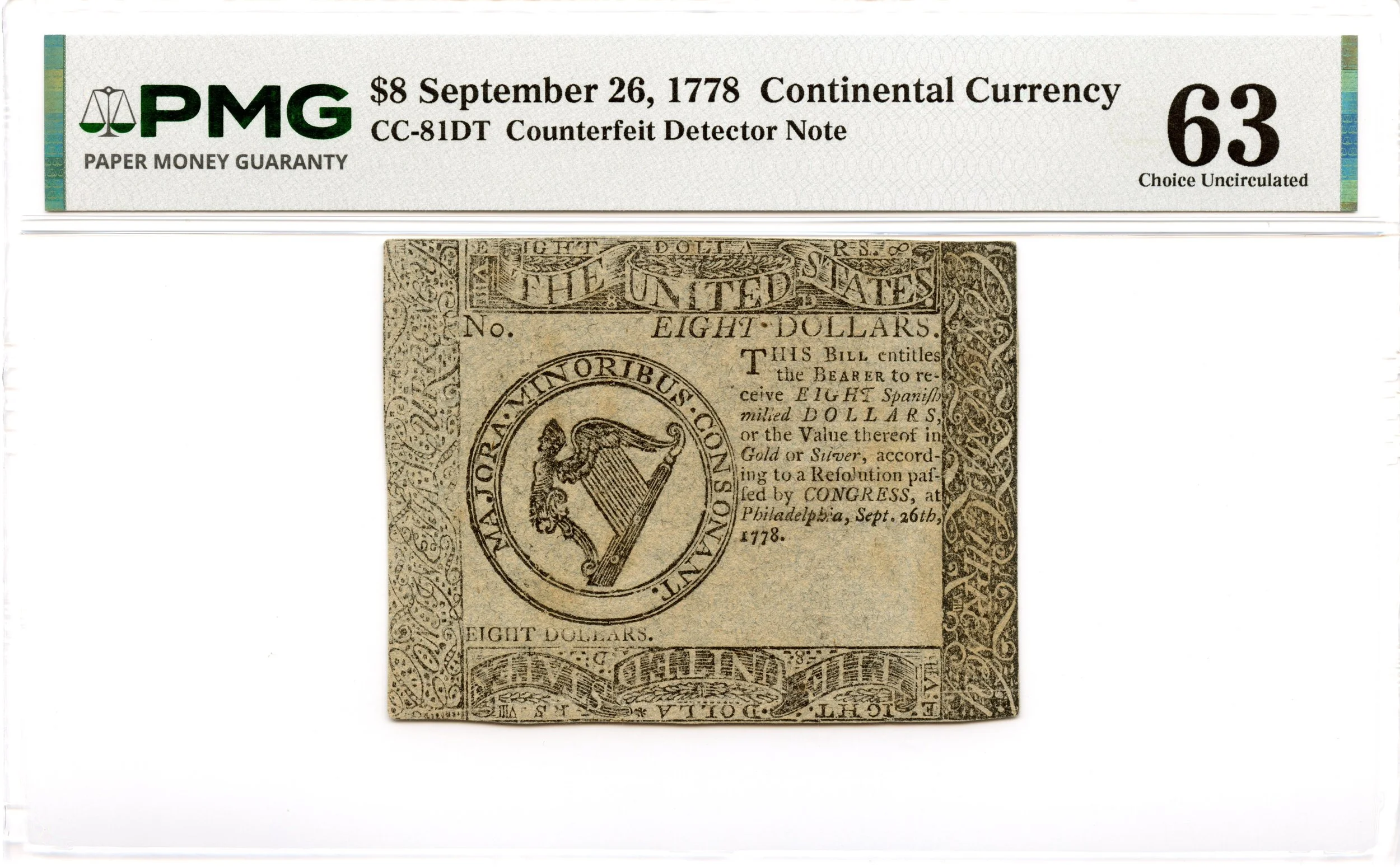 Continental Currency Fr#CC-81DT September 26, 1778 $8 PMG CU-63 *Counterfeit Detector*