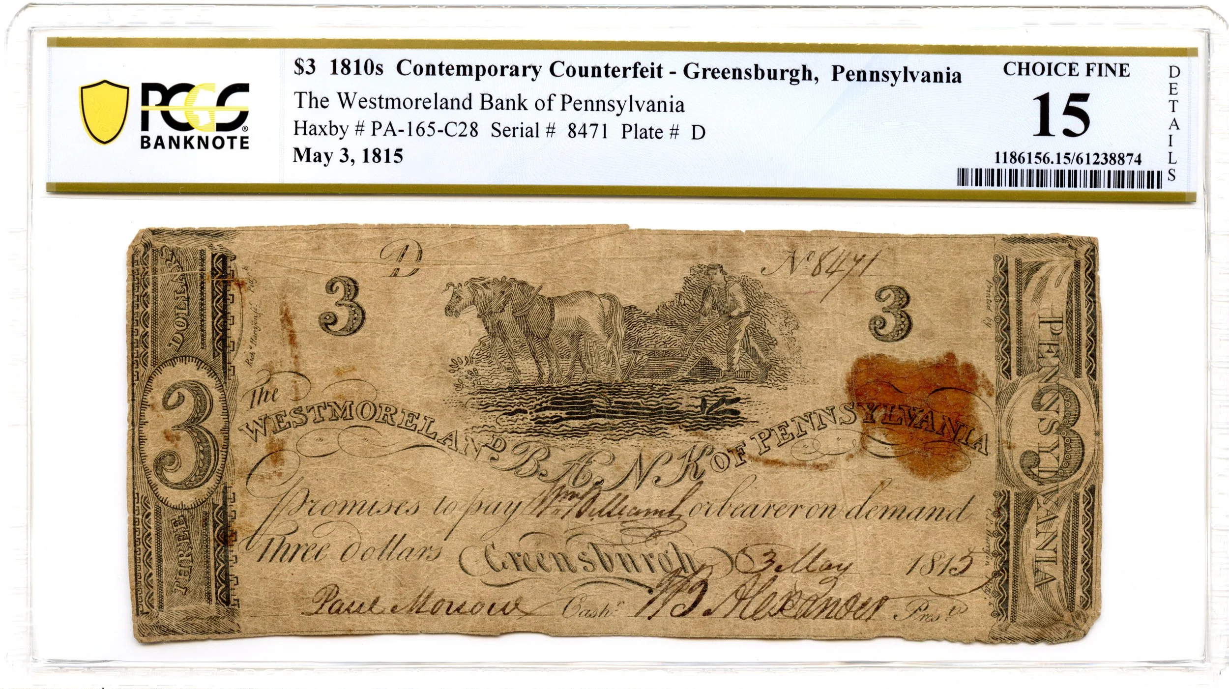 1815 $3 Greensburgh, Pennsylvania Obsolete Note Westmoreland Bank PCGS F-15 *Contemporary Counterfeit*
