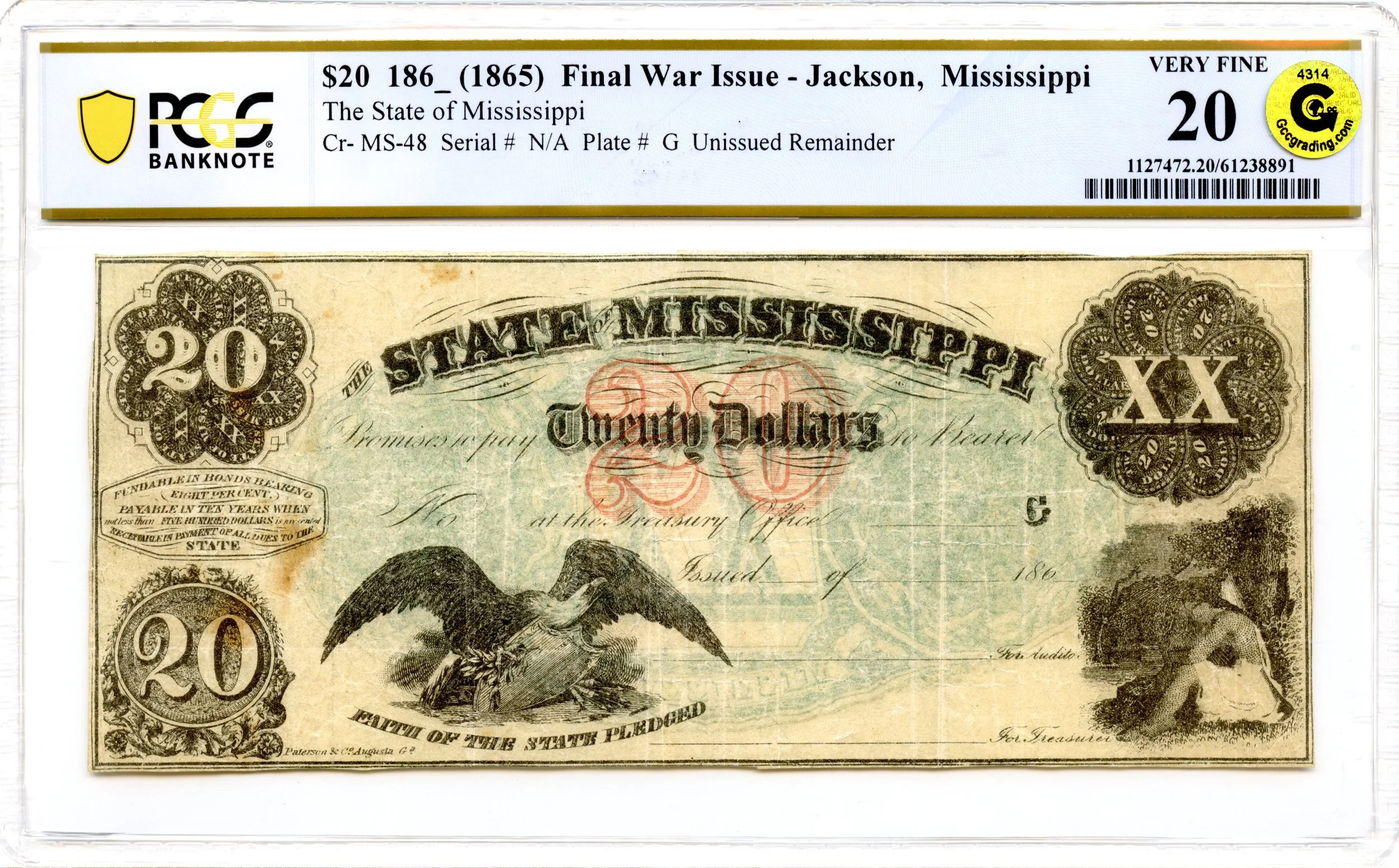 1865 $20 Jackson, Mississippi Obsolete Note State of Mississippi PCGS VF-20 GCC Gold *Rare*