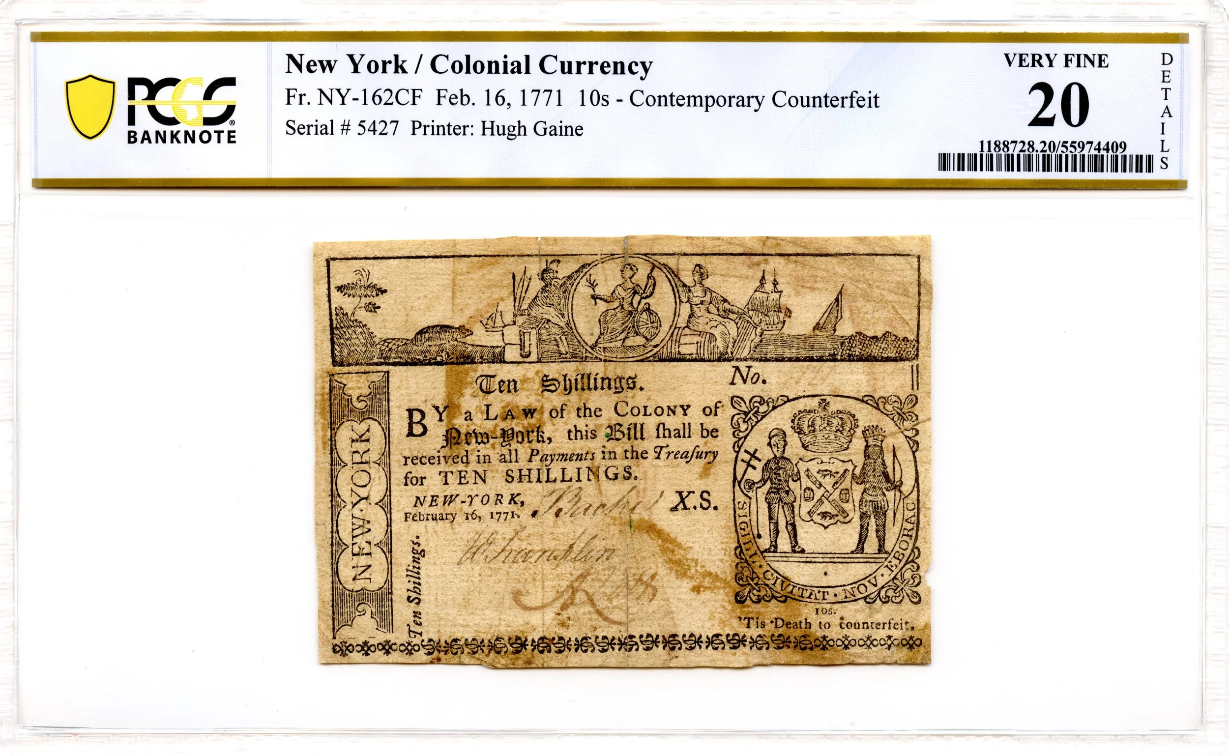 New York Colonial Note Fr#NY-162CT February 16, 1771 10s PCGS VF-20 *Contemporary Counterfeit*