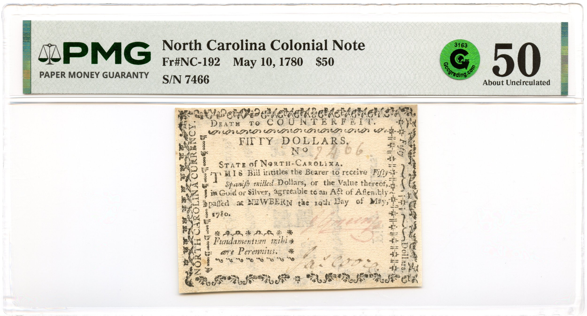 North Carolina Colonial Note Fr#NC-192 May 10, 1780 $50 PMG AU-50 GCC Green *Finest Known*