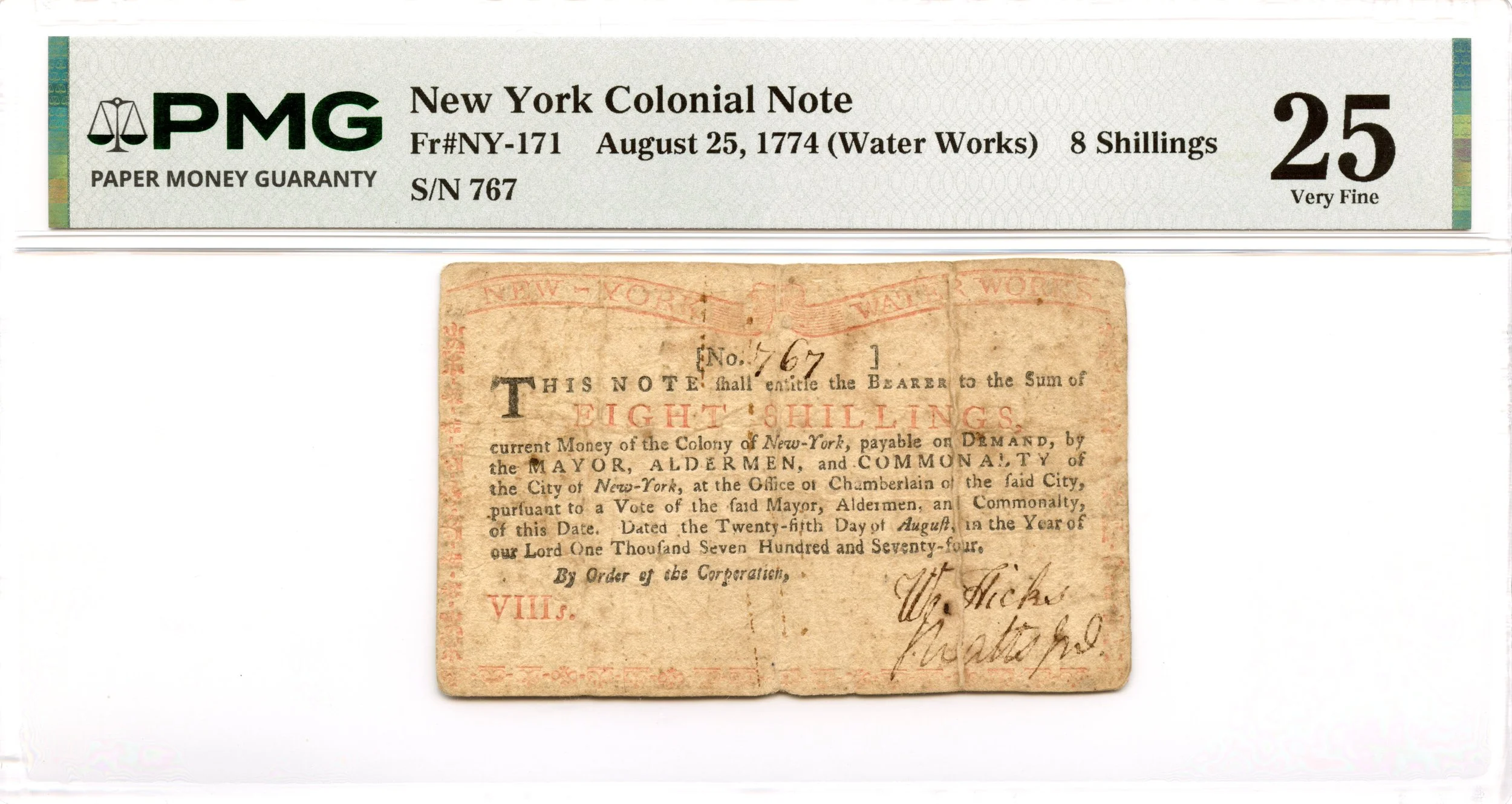 New York Colonial Note Fr#NY-171 August 25, 1774 8s PMG VF-25