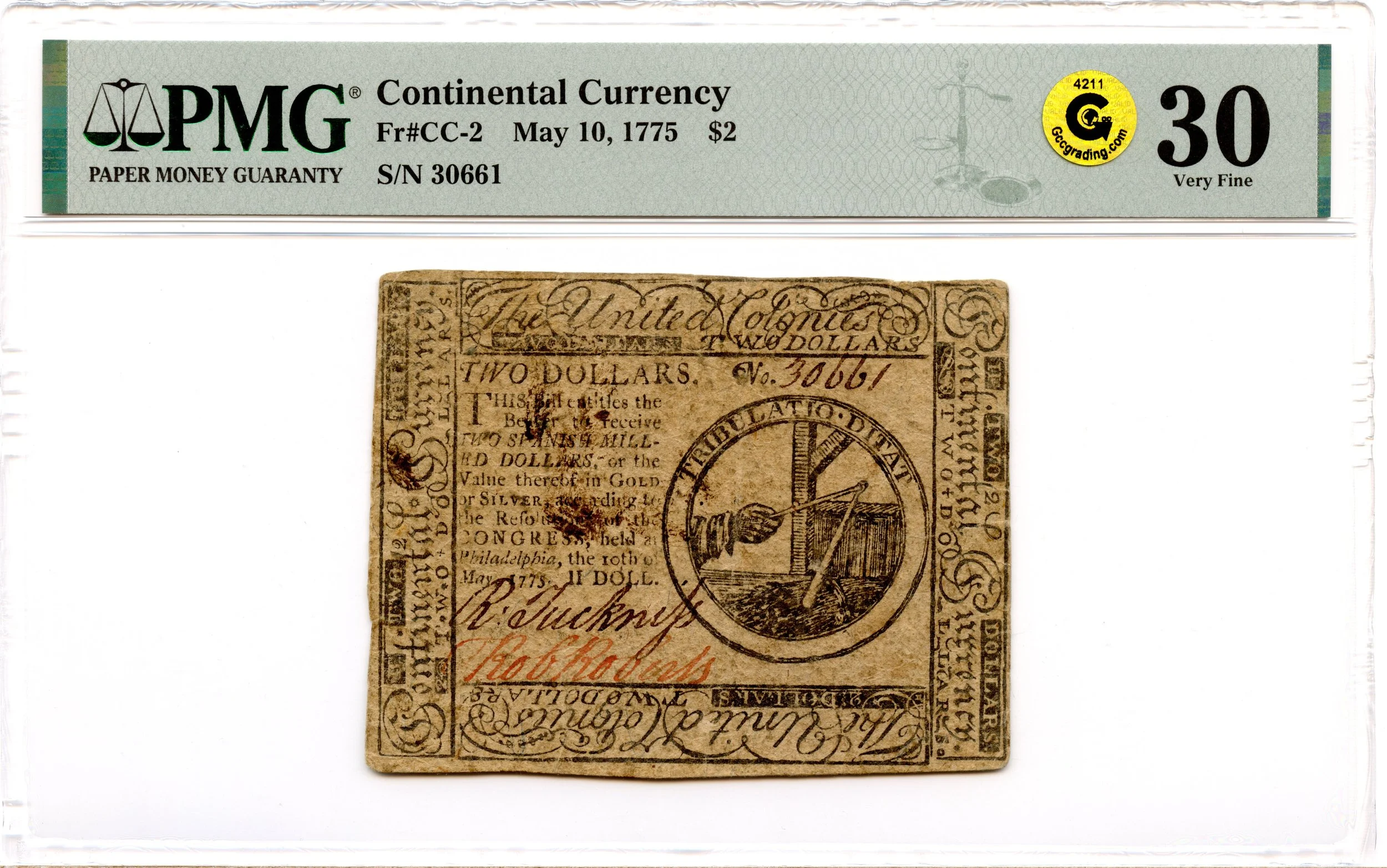 Continental Currency Fr#CC-2 May 10, 1775 $2 PMG VF-30 GCC Gold *First Issue*
