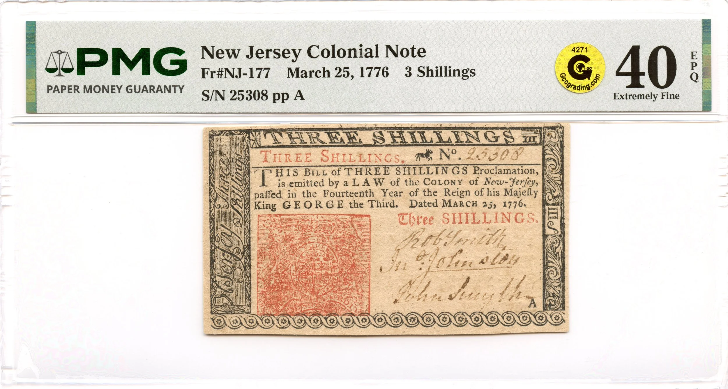 New Jersey Colonial Note Fr#NJ-177 March 25, 1776 3s PMG XF-40 EPQ GCC Gold