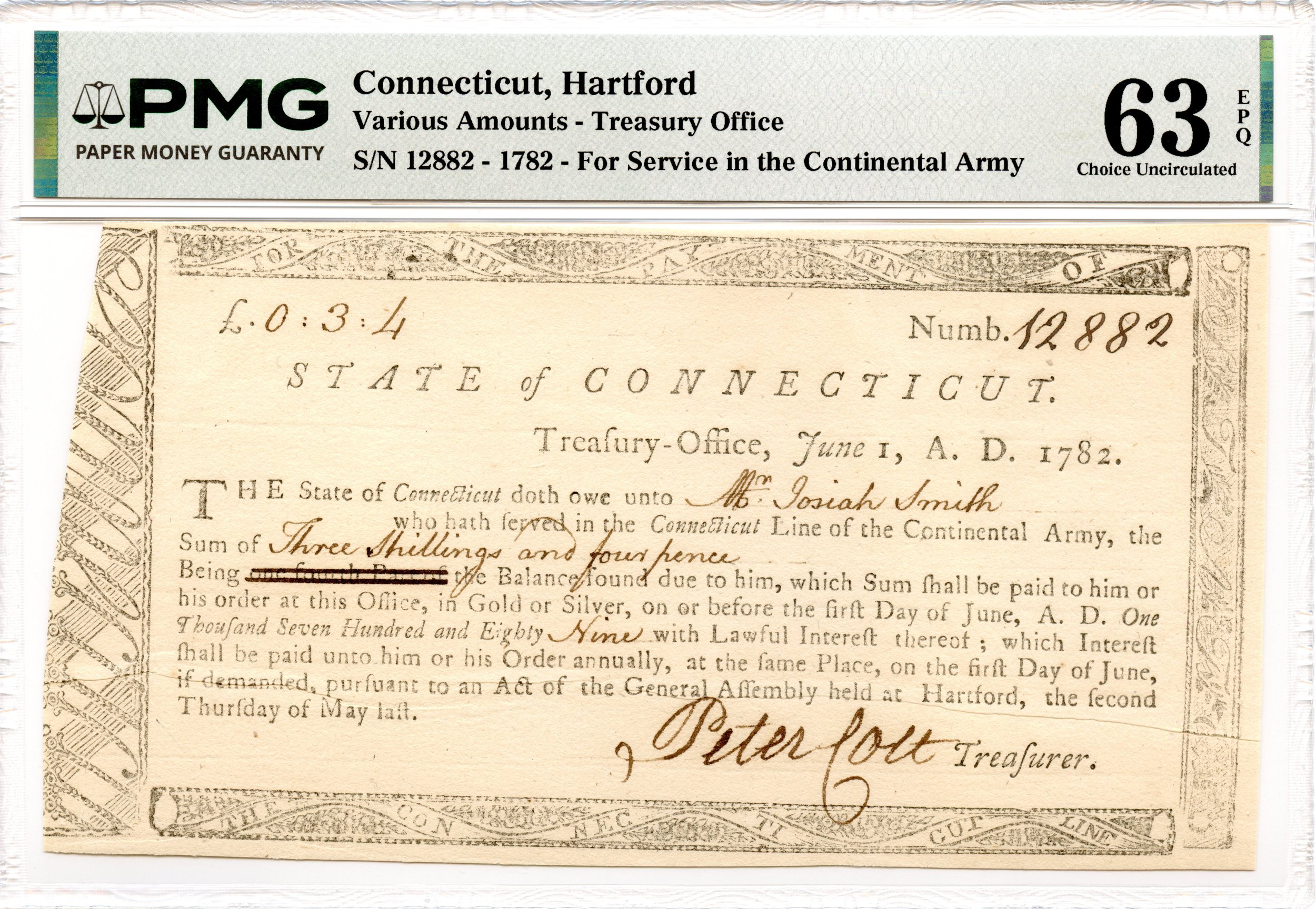 Connecticut Colonial Treasury Certificate 1782 3s4d PMG CU-63 EPQ *Continental Army*