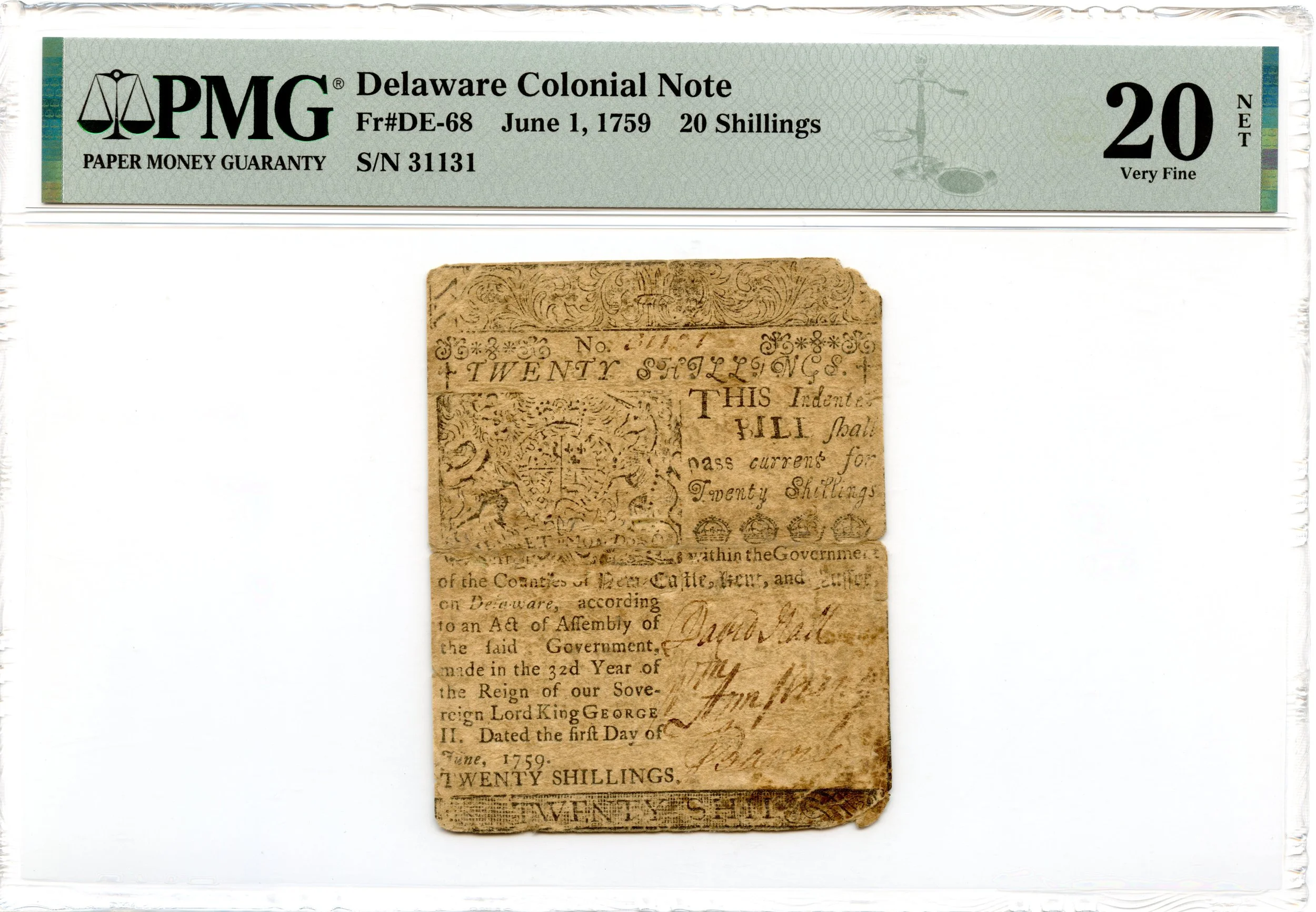 Delaware Colonial Note Fr#DE-68 June 1, 1759 20s PMG VF-20 *Ben Franklin*