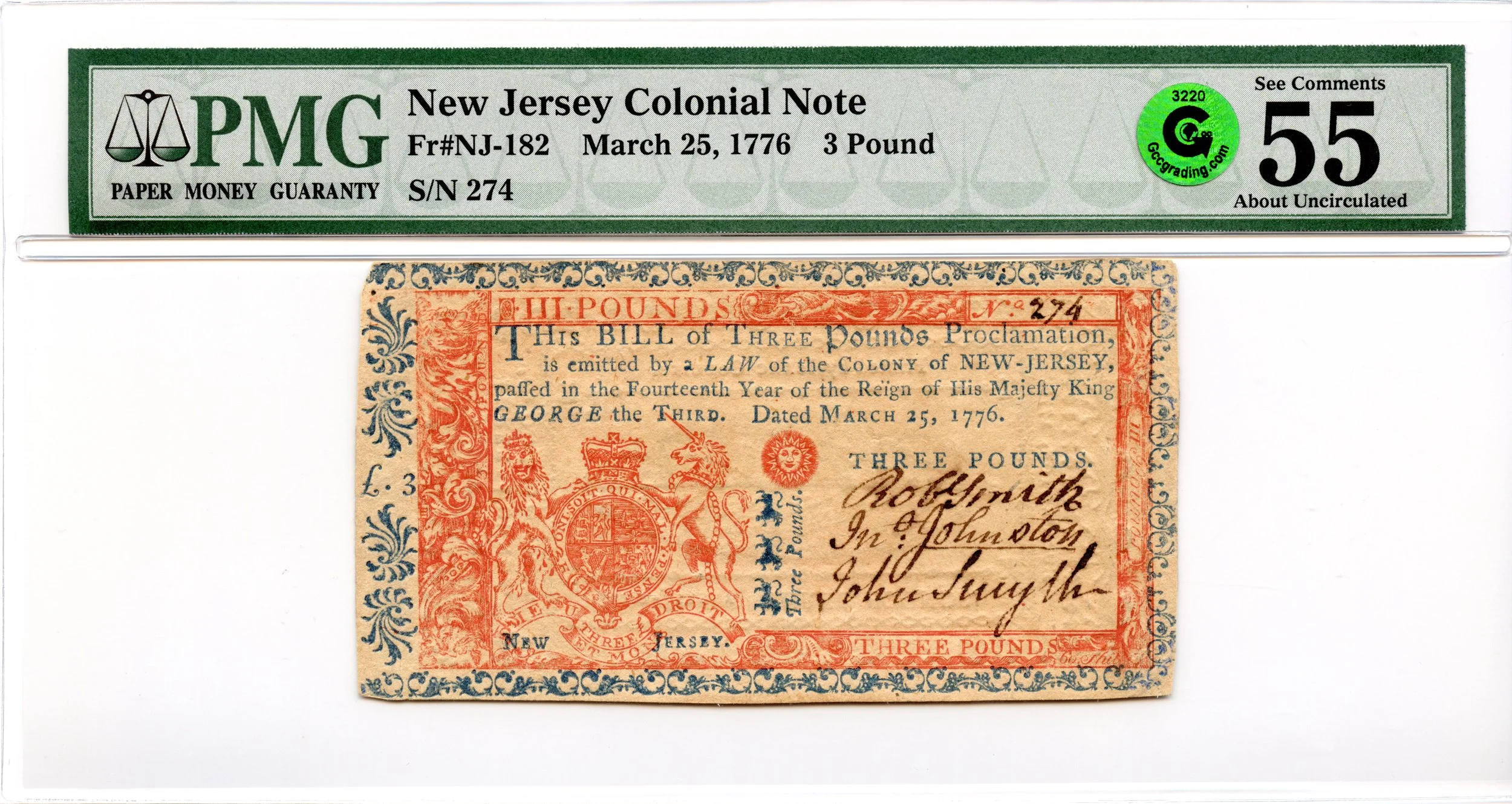 New Jersey Colonial Note Fr#NJ-182 March 25, 1776 3P PMG AU-55 EPQ GCC *Exceptional*