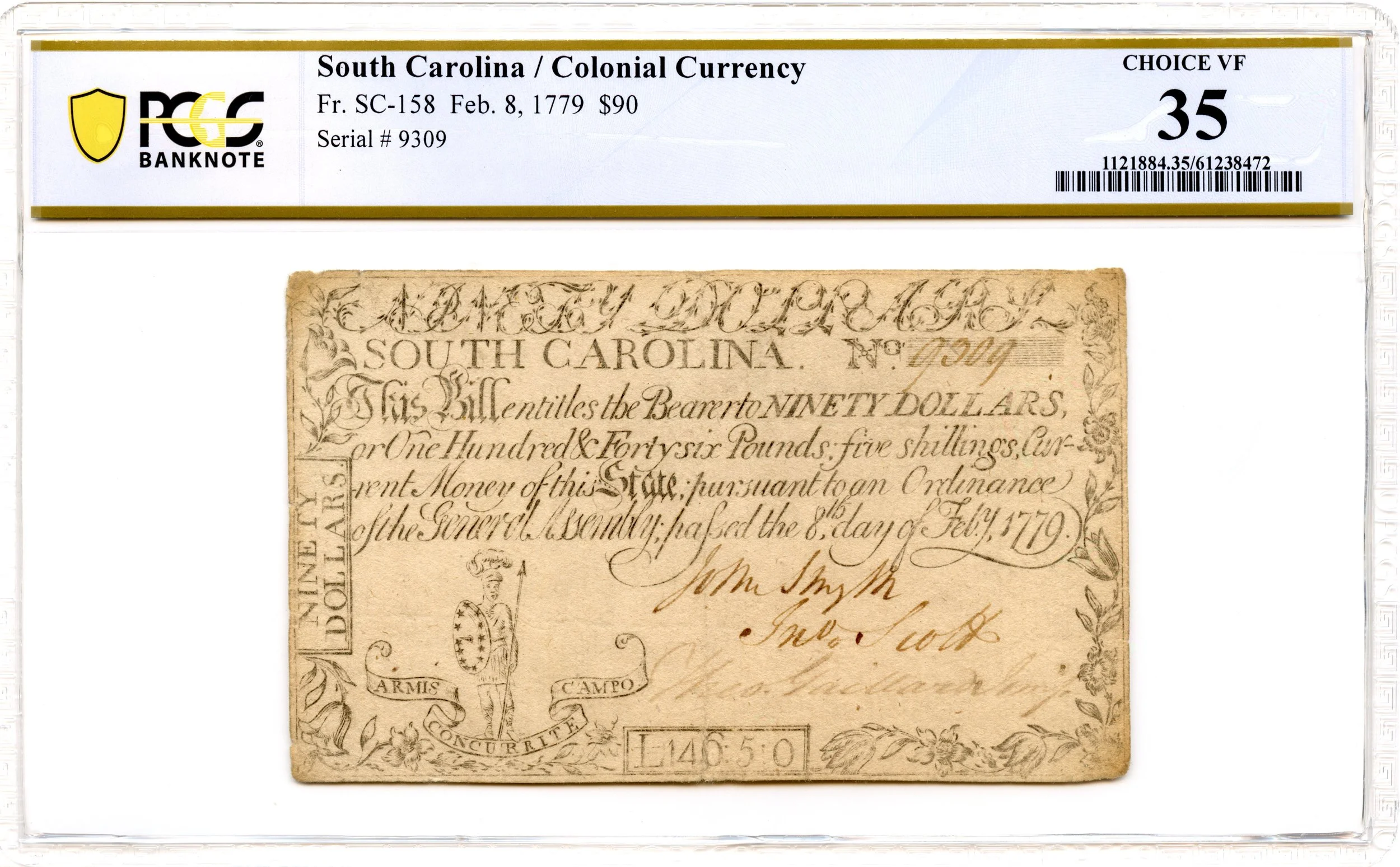 South Carolina Colonial Note Fr#SC-158 February 8, 1779 $90 PCGS VF-35 *Hercules & Lion*