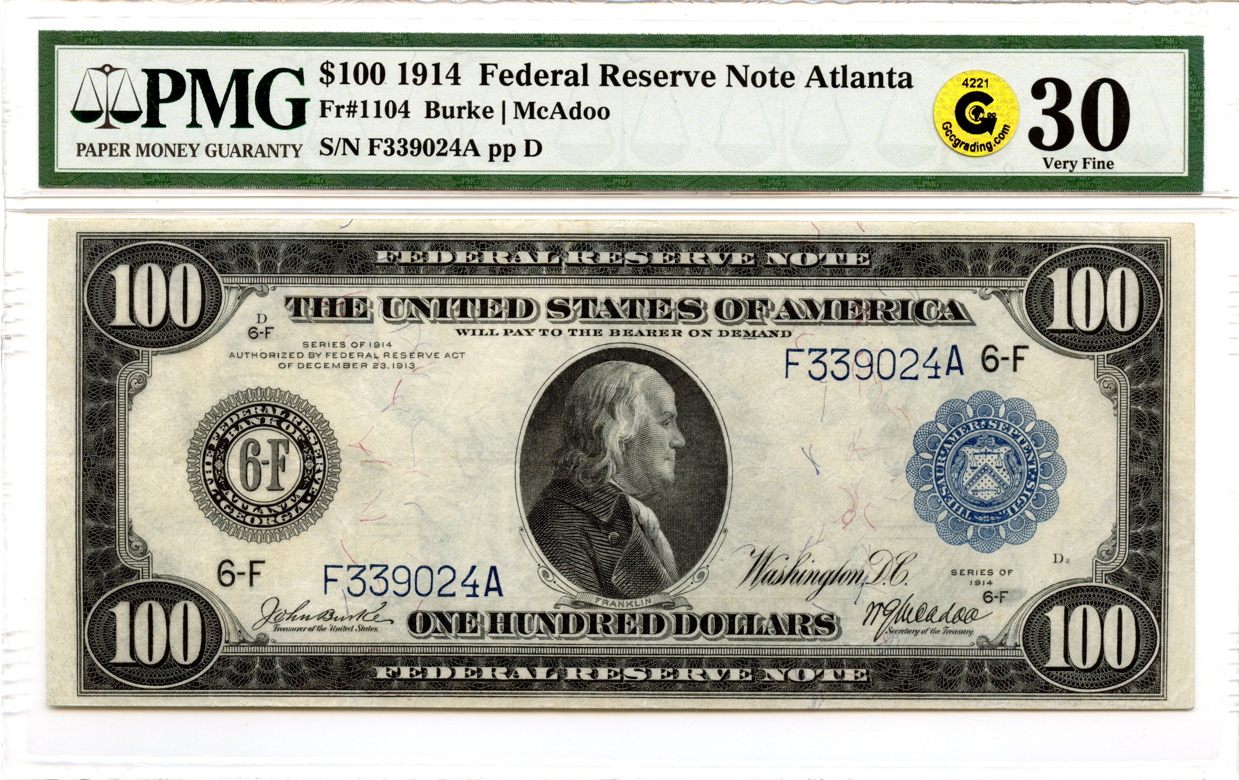 1914 $100 Federal Reserve Note Fr#1104 Atlanta PMG VF-30 GCC Gold *Exceptional*
