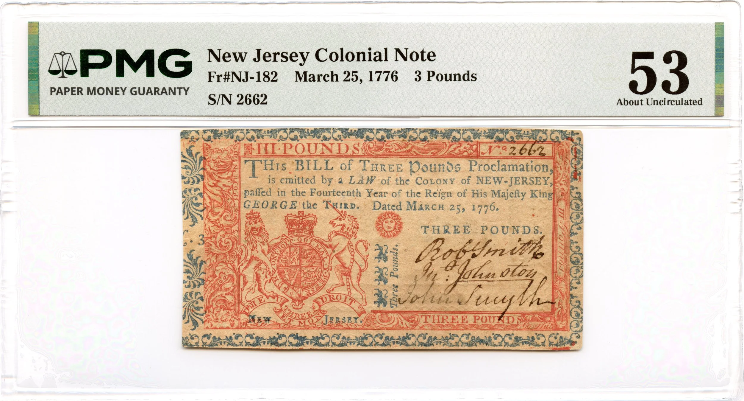 New Jersey Colonial Note Fr#NJ-182 March 25, 1776 3 Pds PMG AU-53 *Exceptional*