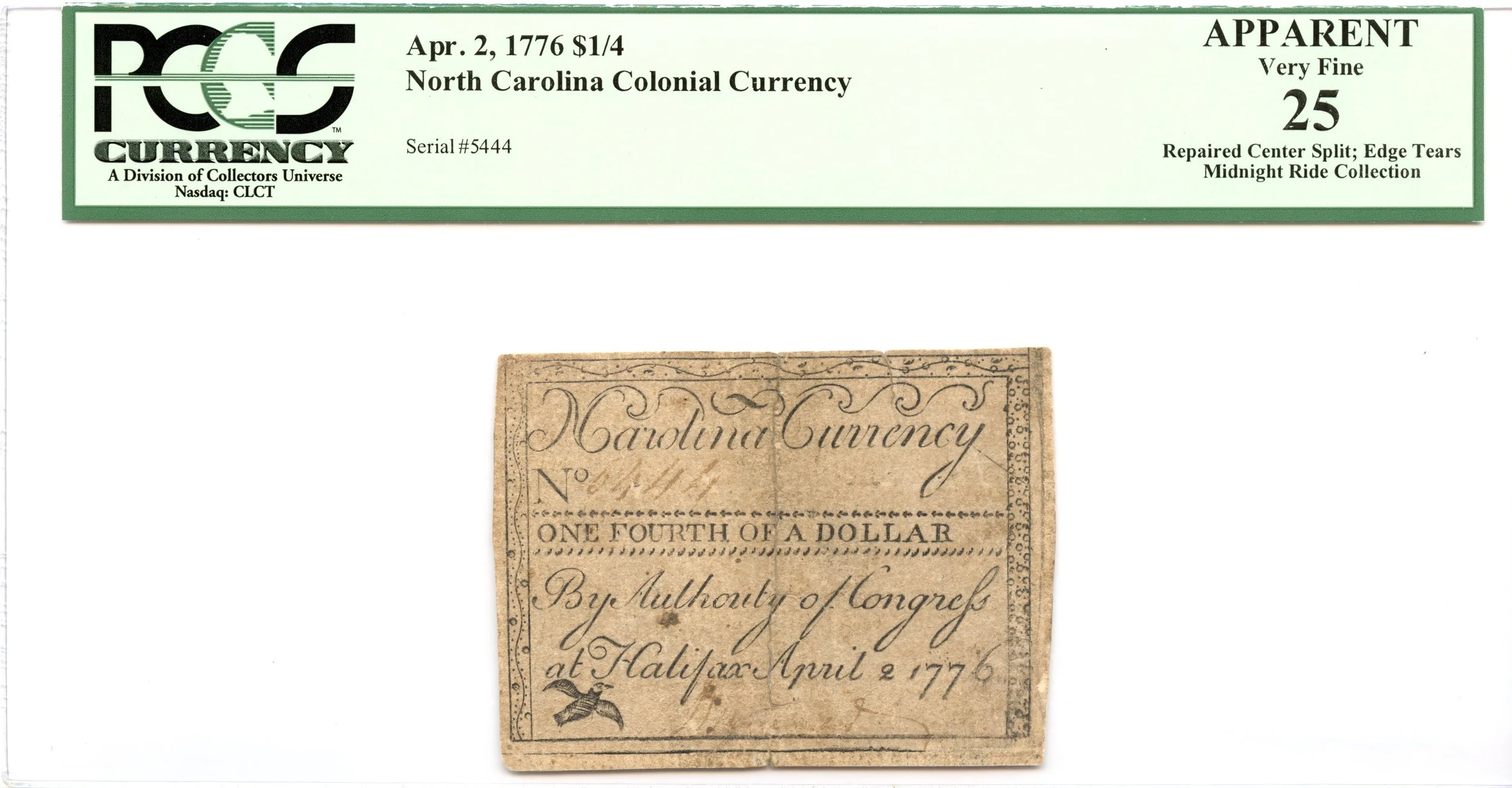 North Carolina Colonial Note Fr#NC-155a April 2, 1776 $1/4 Bird Flying PCGS VF-25 *7 Known*