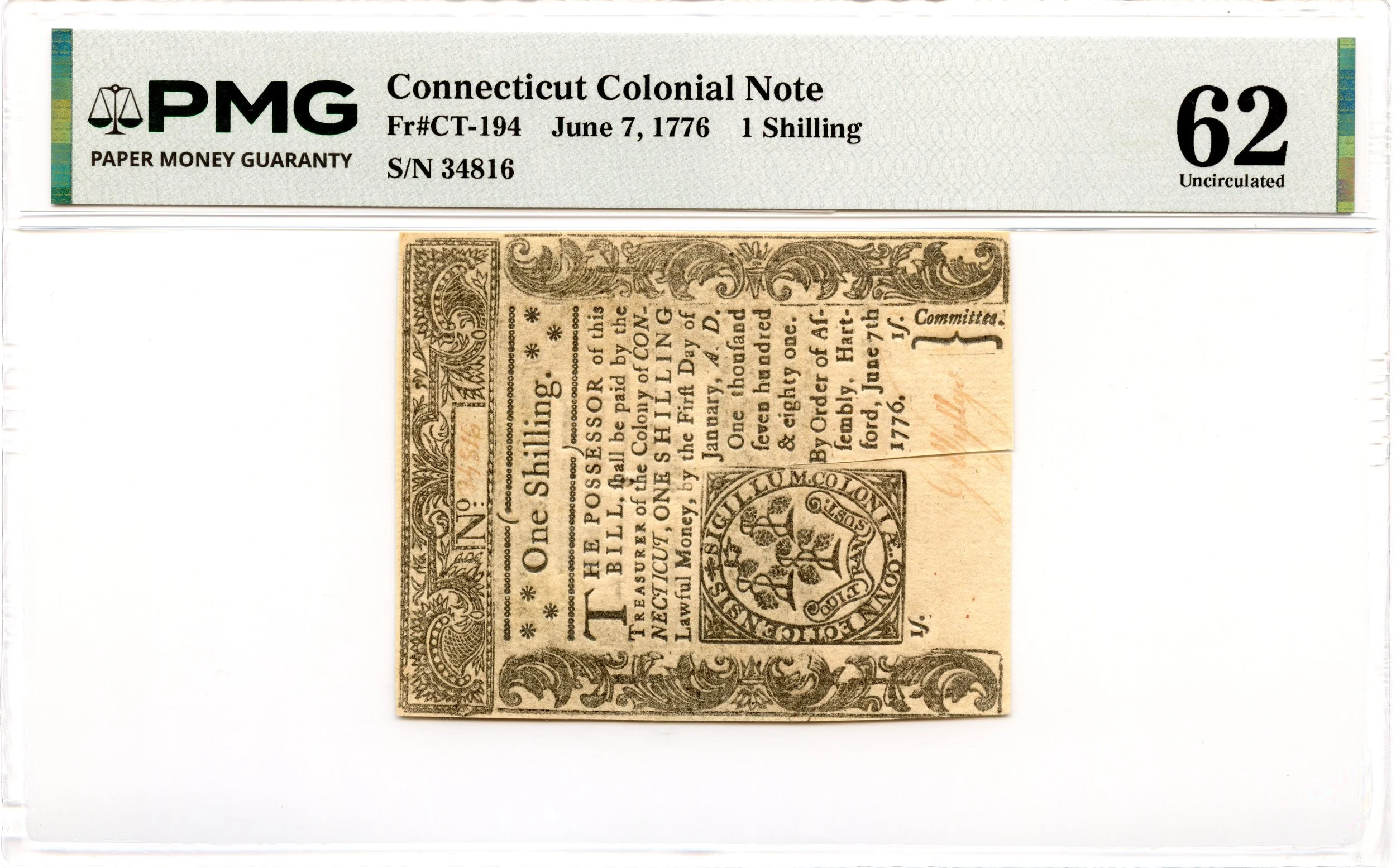 Connecticut Colonial Note Fr#CT-194 June 7, 1776 1s PMG UNC 62
