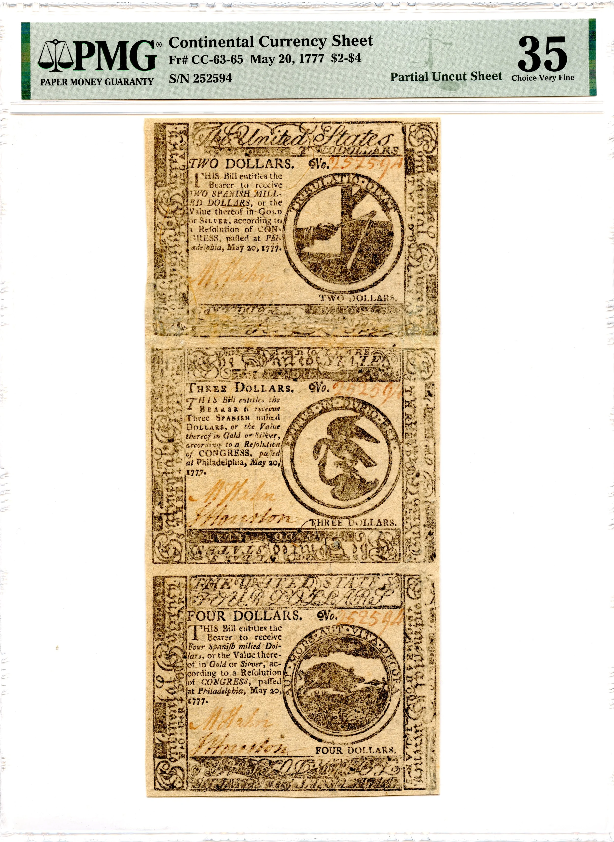 Continental Currency Fr#CC-63-65 May 20, 1777 $2, $3, $4 PMG VF-35 *Uncut Strip*