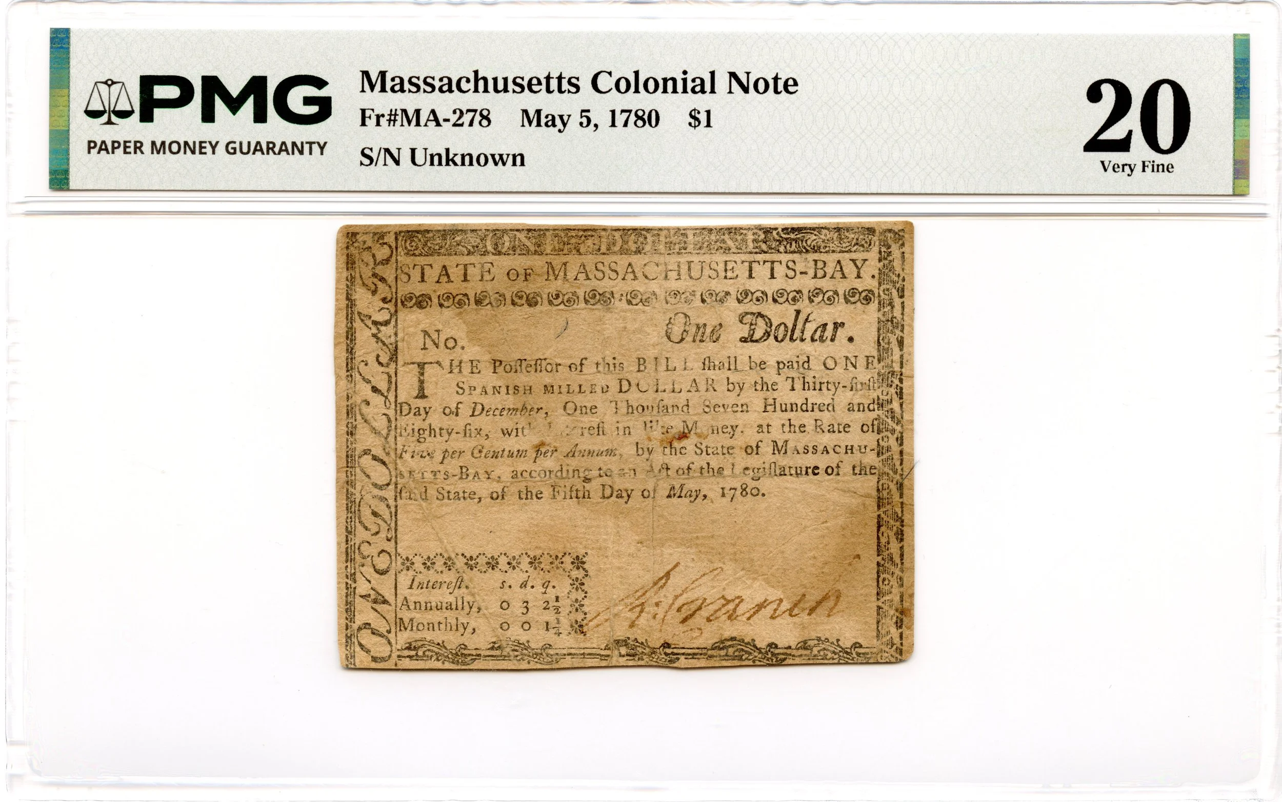 Massachusetts Colonial Note Fr#MA-278 May 5, 1780 $1 PMG VF-20 *Uncancelled*