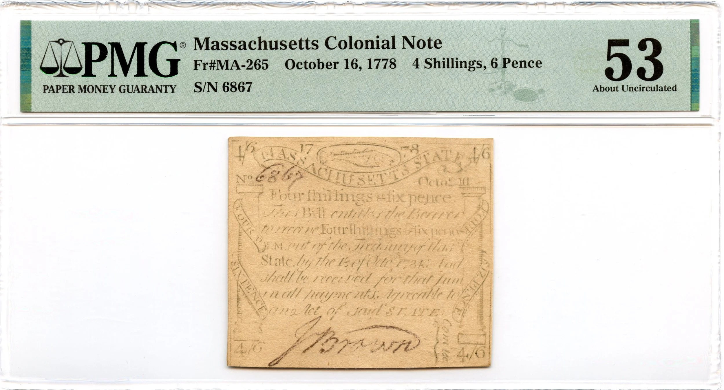 Massachusetts Colonial Note Fr#MA-265 October 16, 1778 4s6d PMG AU-53 *Paul Revere Codfish*