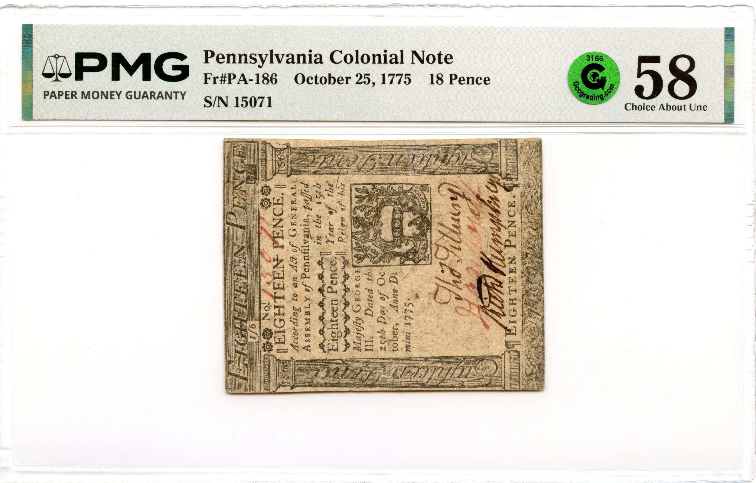 Pennsylvania Colonial Note Fr#PA-186 October 25, 1775 18d PMG AU-58 GCC Green