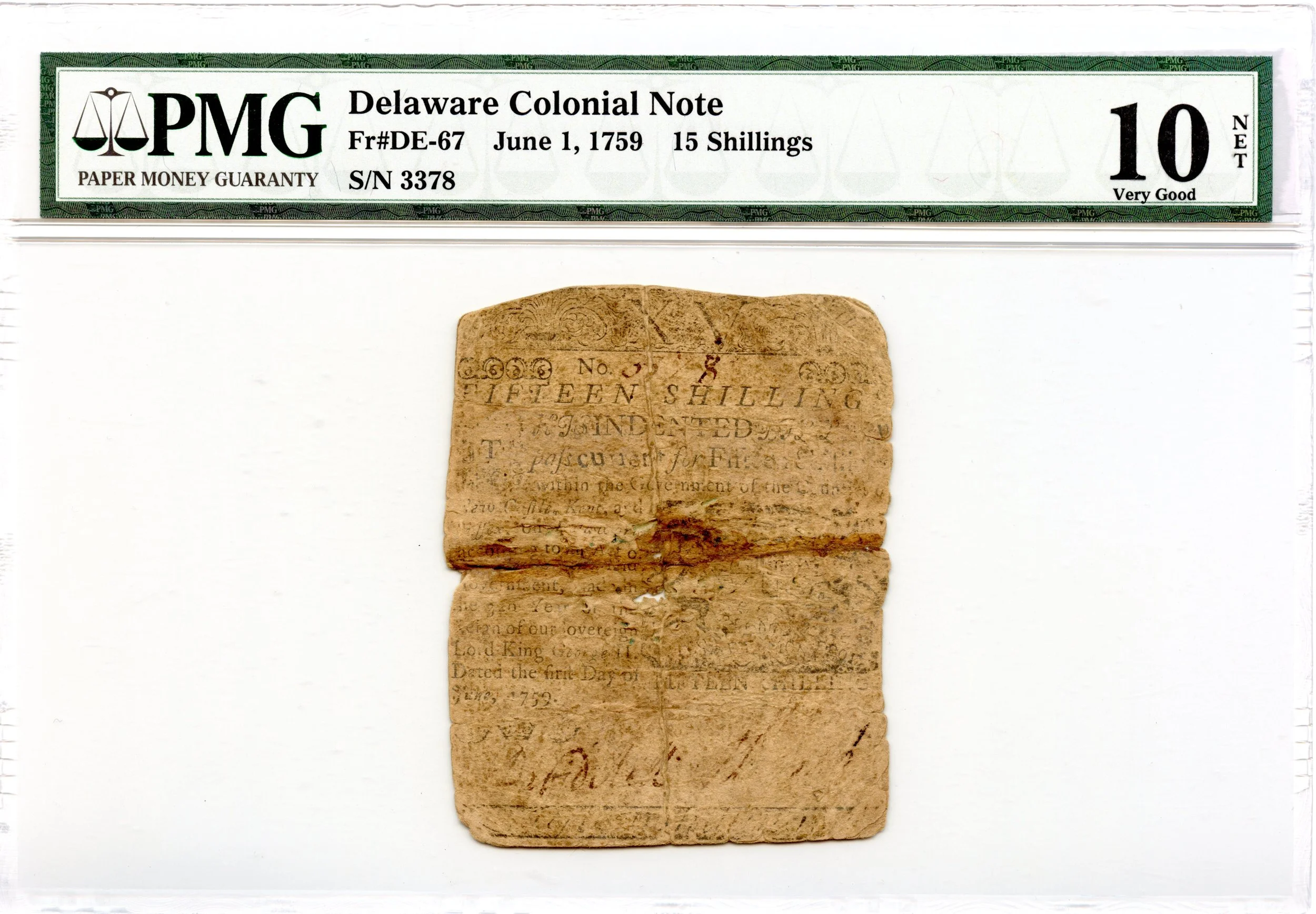Delaware Colonial Note Fr#DE-67 June 1, 1759 15s PMG VG-10 *Ben Franklin*