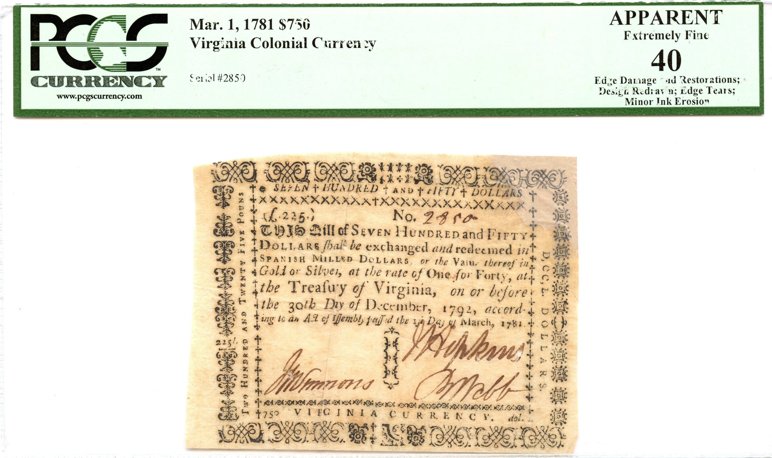 Virginia Colonial Note Fr#VA-208.1a March 1, 1781 $750 PCGS XF-40 *2 Known*
