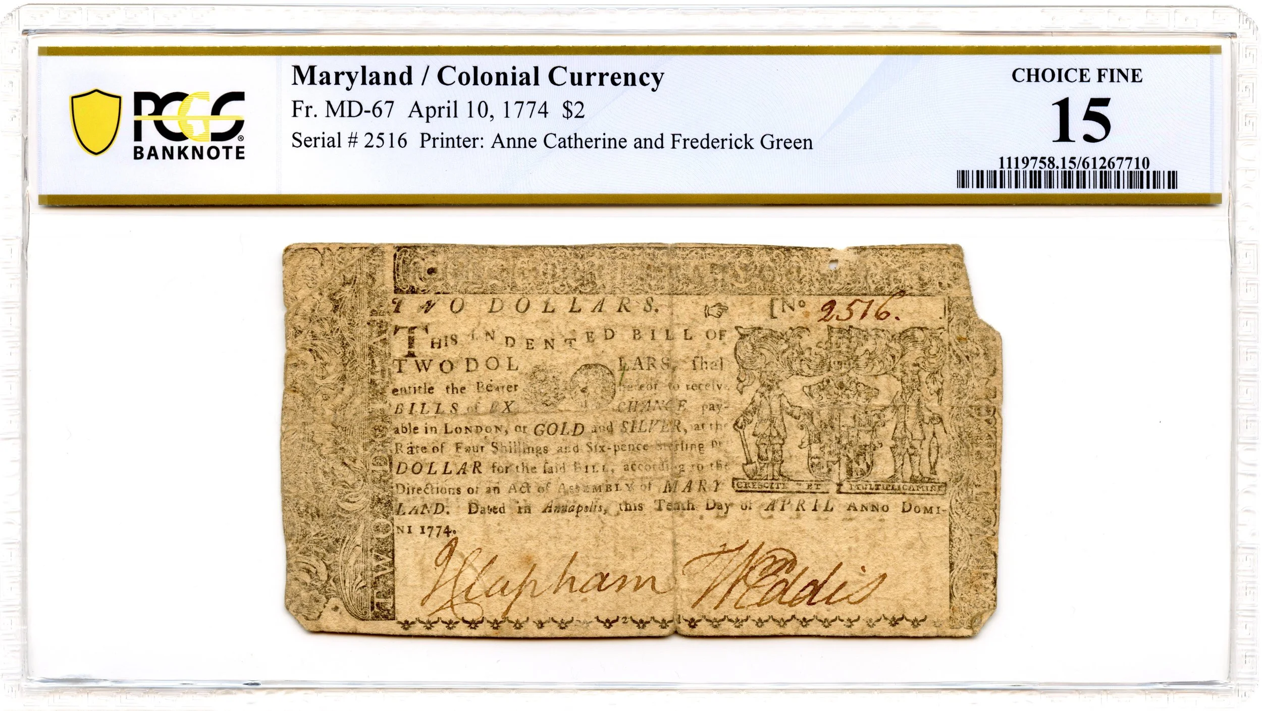Maryland Colonial Note Fr#MD-67 April 10, 1774 $2 PCGS F-15