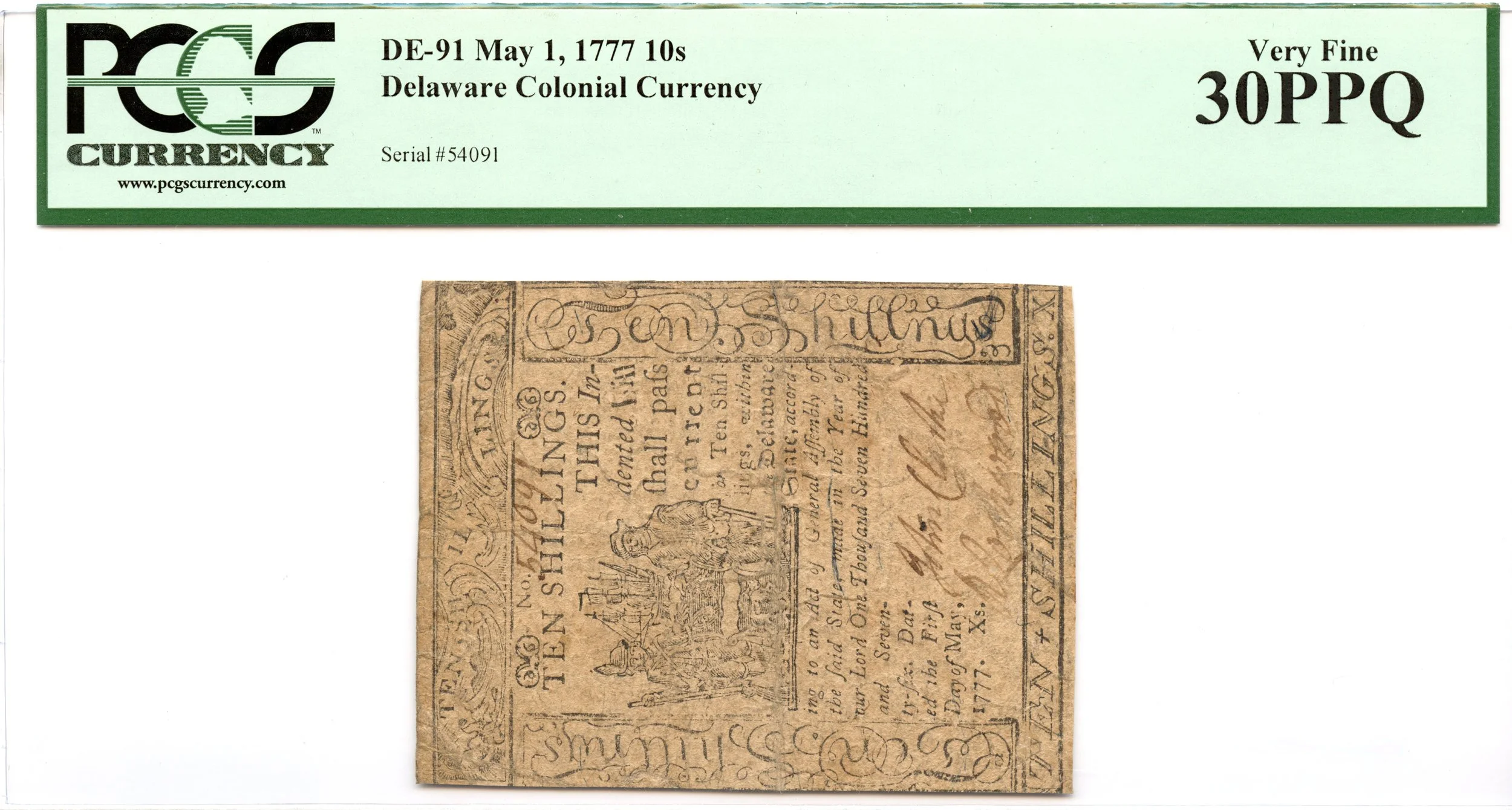 Delaware Colonial Note Fr#DE-91 May 1, 1777 10s PCGS VF-30 PPQ