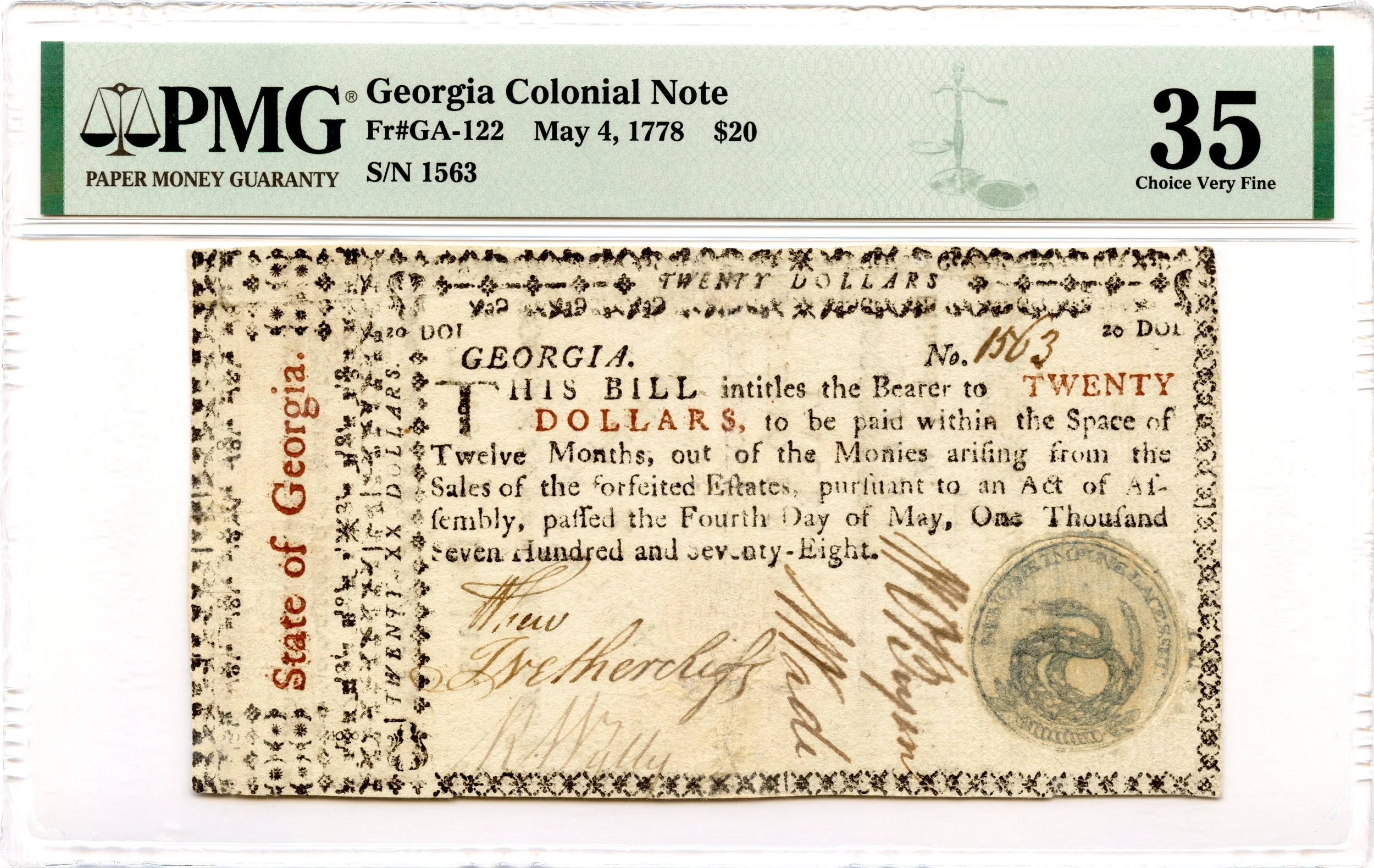 Georgia Colonial Note Fr#GA-122 May 4, 1778 $20 PMG VF-35 *William Few Signature*