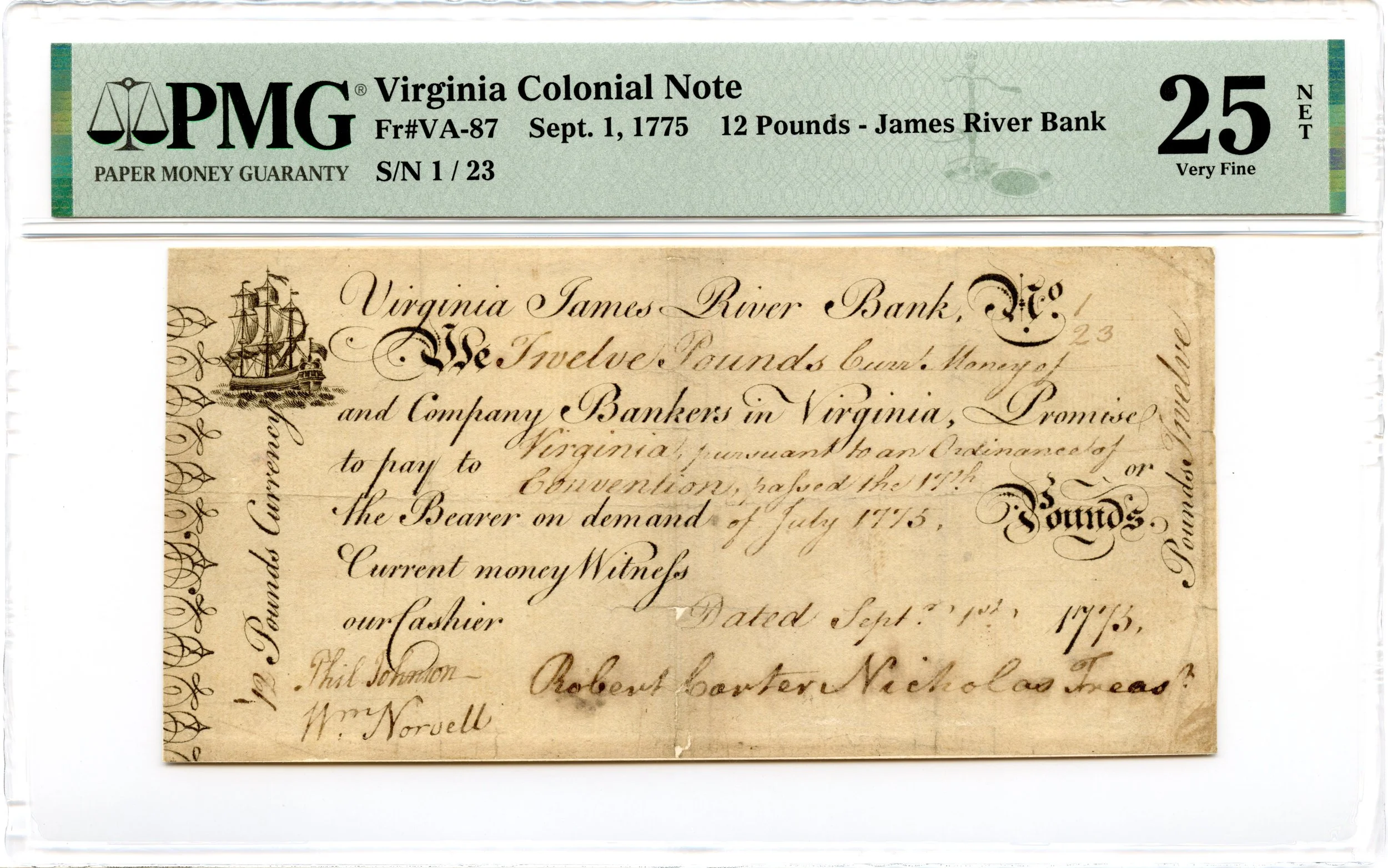 Virginia Colonial Note Fr#VA-87 September 1, 1775 12 Pounds PMG VF-25 *James River Bank*