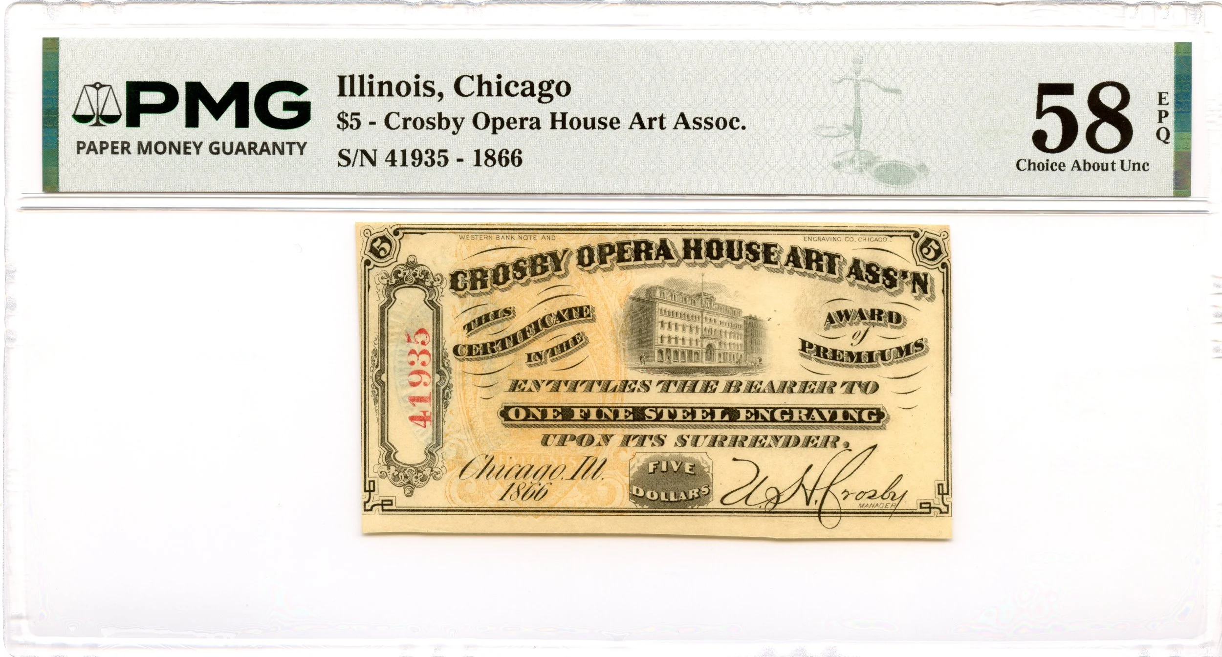 1866 $5 Chicago, Illinois Obsolete Note Crosby Opera House PMG AU-58 EPQ