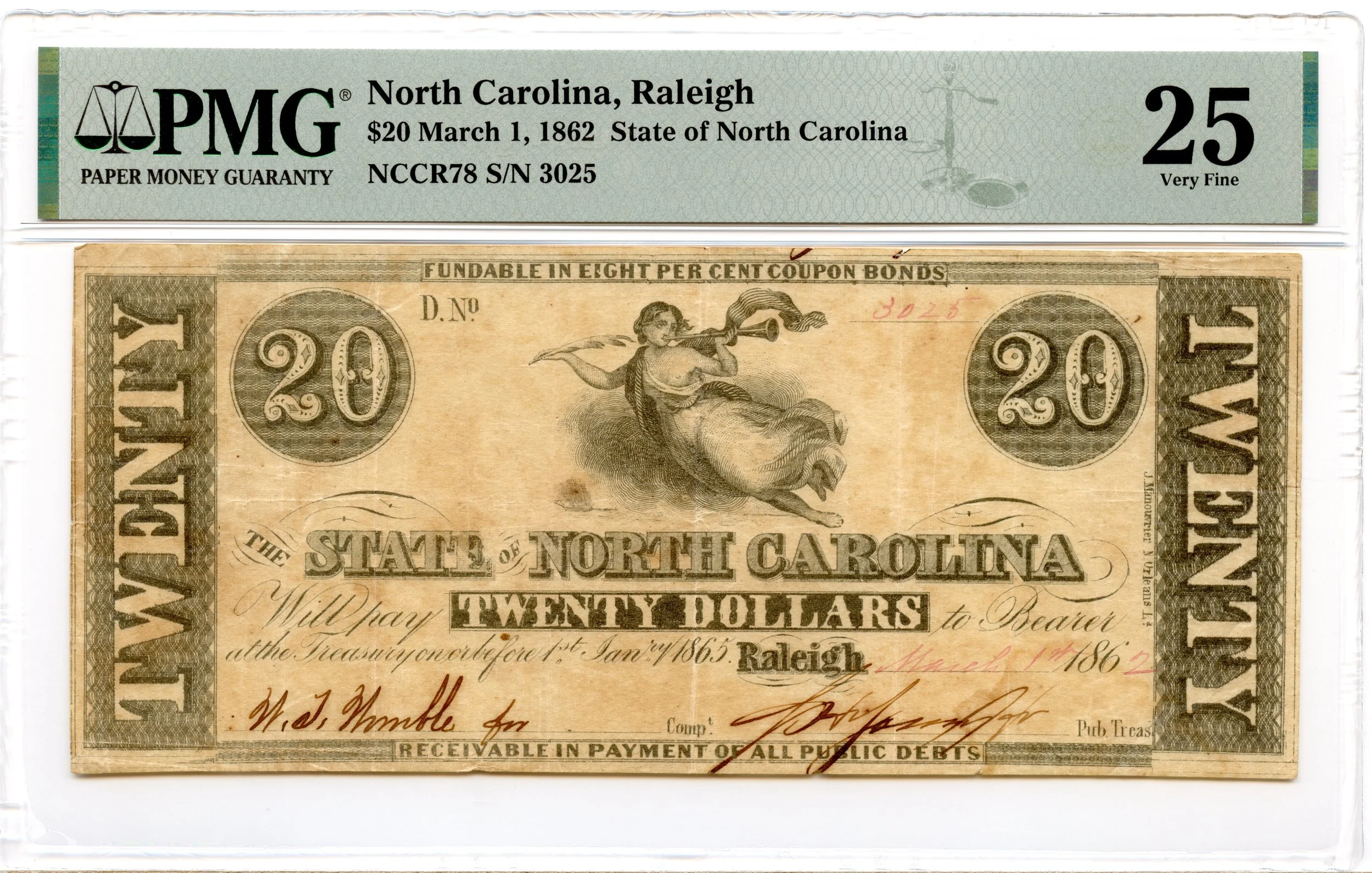 1862 $20 Raleigh, North Carolina Obsolete Note State of NC PMG VF-25