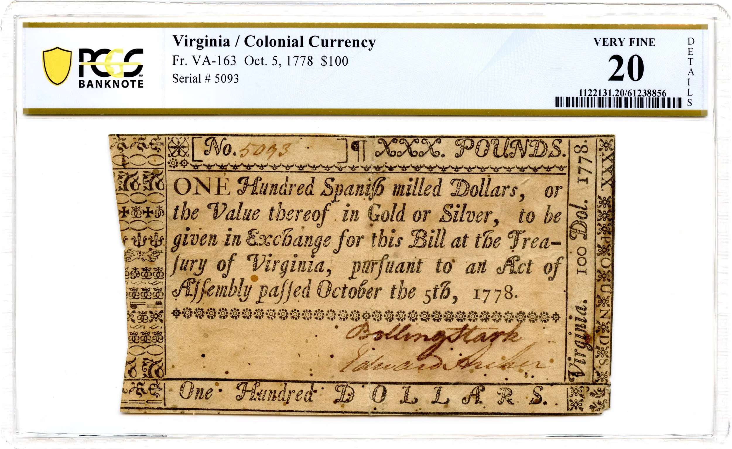 Virginia Colonial Note Fr#VA-163 October 5, 1778 $100 PCGS VF-20 *19 Known*
