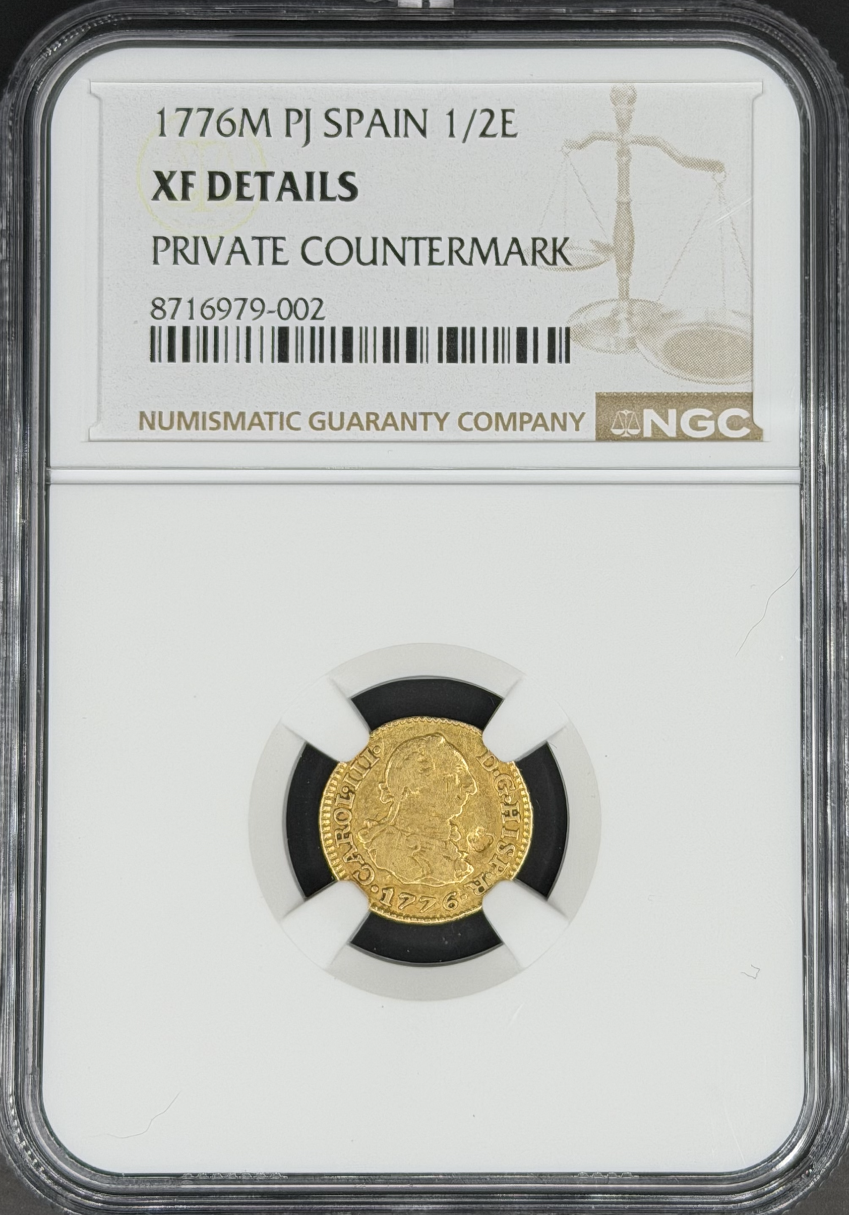 1776 M-PJ 1/2 Escudo Gold Spain Madrid NGC XF Countermark