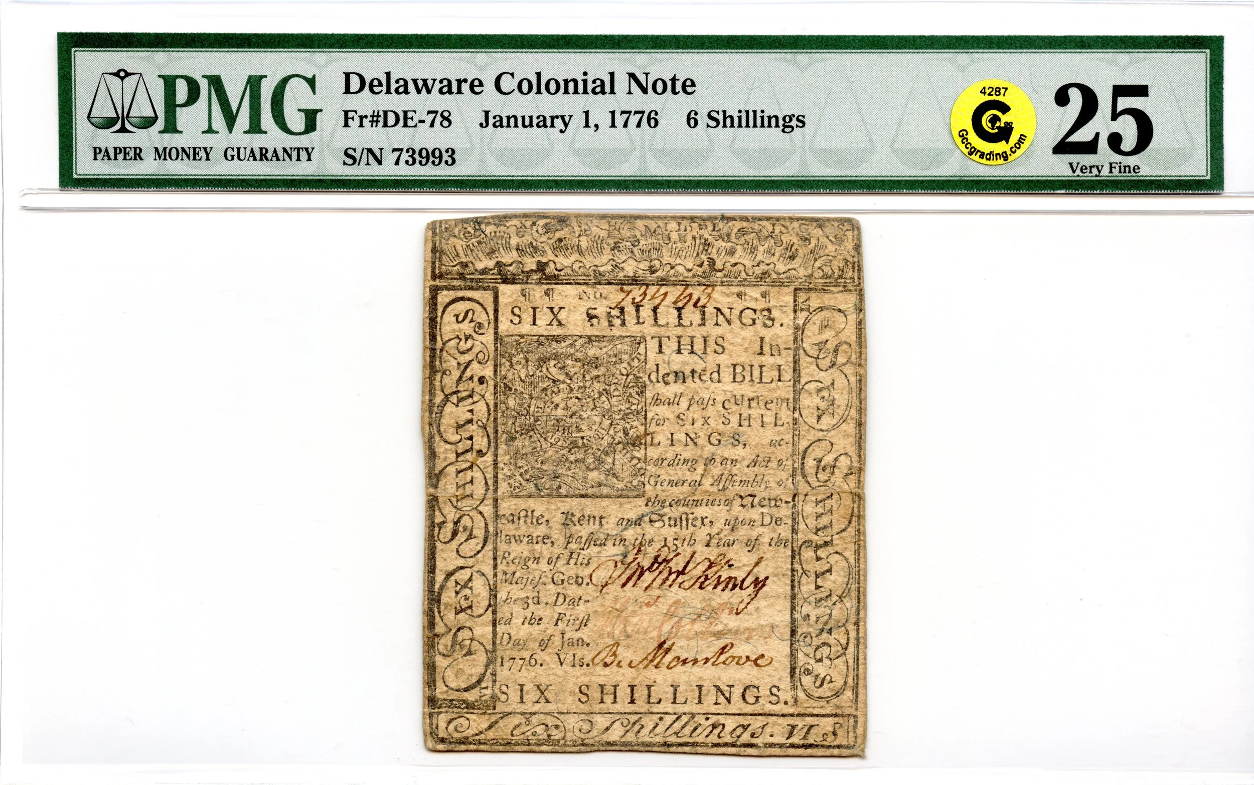 Delaware Colonial Note Fr#DE-78 January 1, 1776 6s PMG VF-25 GCC Gold