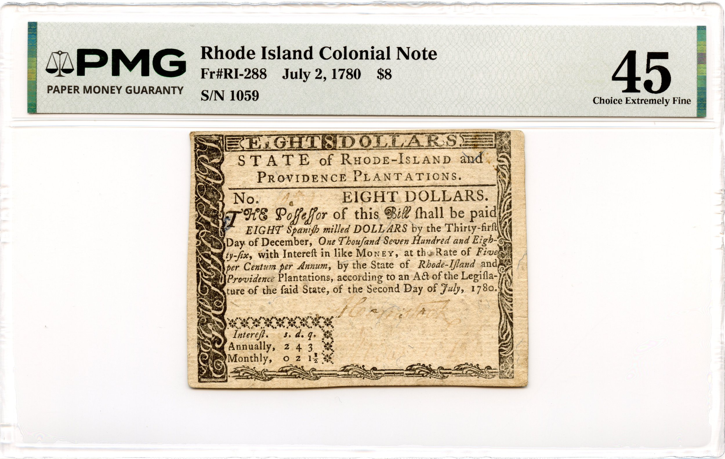 Rhode Island Colonial Note Fr#RI-288 July 2, 1780 $8 PMG XF-45 *Fully Signed*