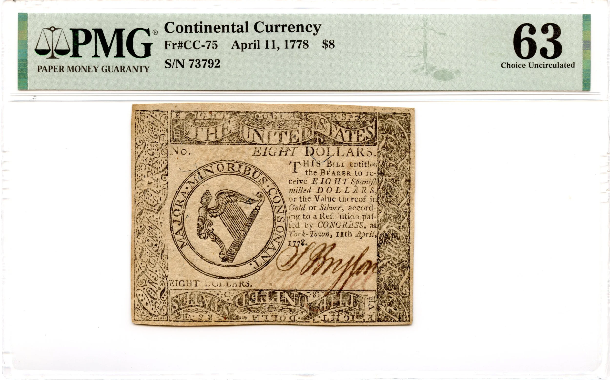 Continental Currency Fr#CC-75 April 11, 1778 $8 PMG CU-63 *Yorktown Finest Known PMG*