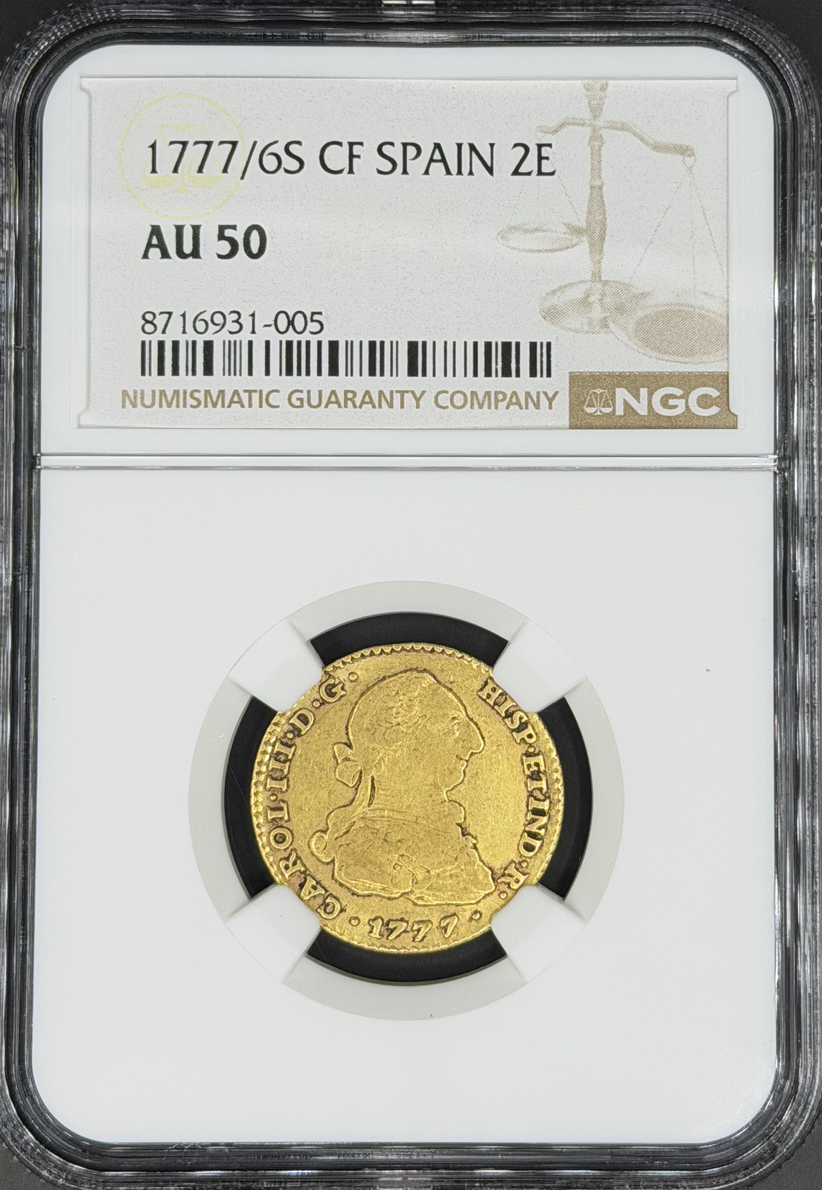 1777/6 S-CF 2 Escudos Gold Spain, Seville NGC AU-50 *Exceptional*