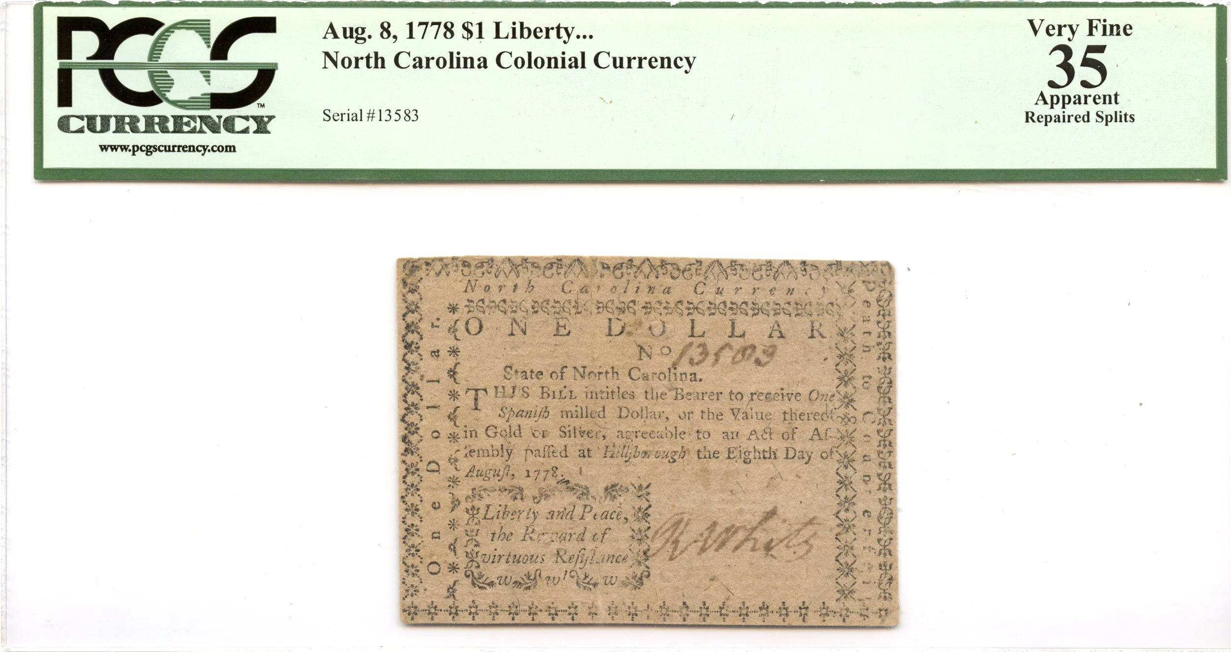 North Carolina Colonial Note Fr#NC-173a August 8, 1778 $1 PCGS VF-35