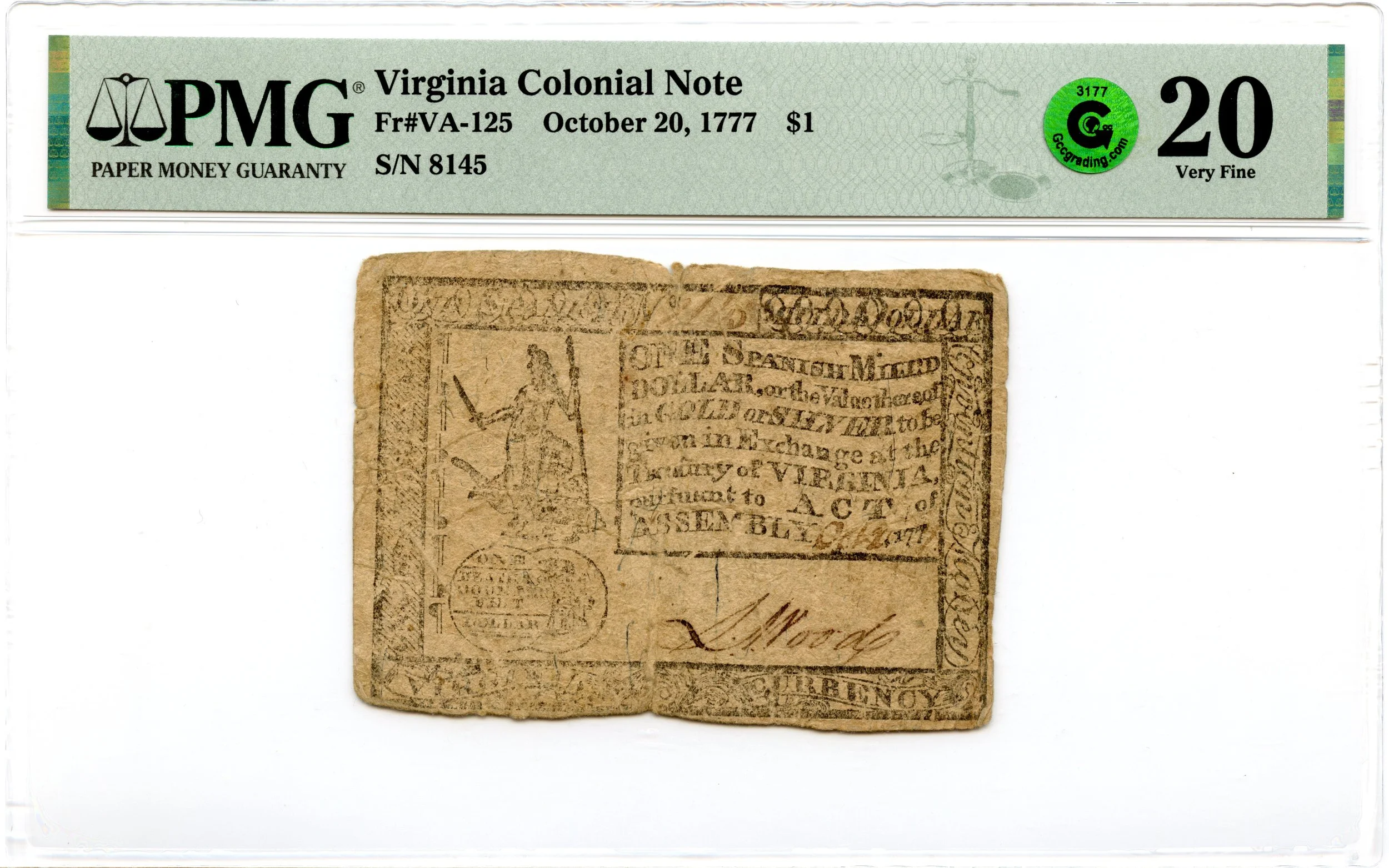 Virginia Colonial Note Fr#VA-125 October 20, 1777 $1 PMG VF-20 GCC Green