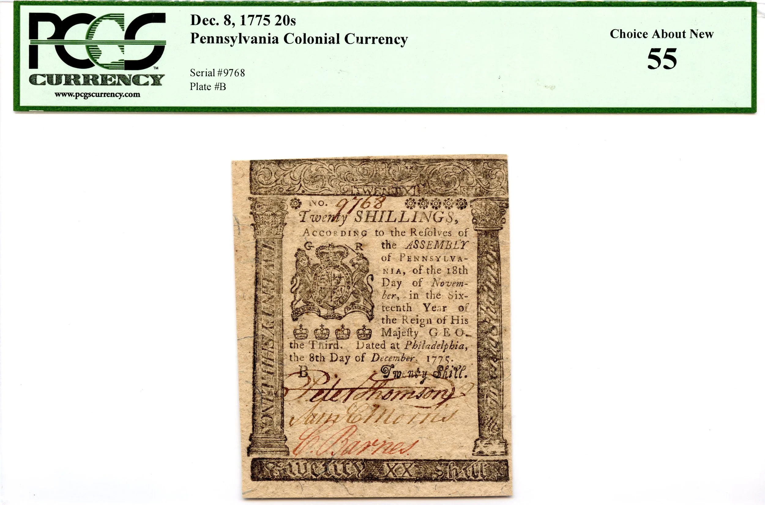 Pennsylvania Colonial Note Fr#PA-194 December 8, 1775 20s PCGS AU-55