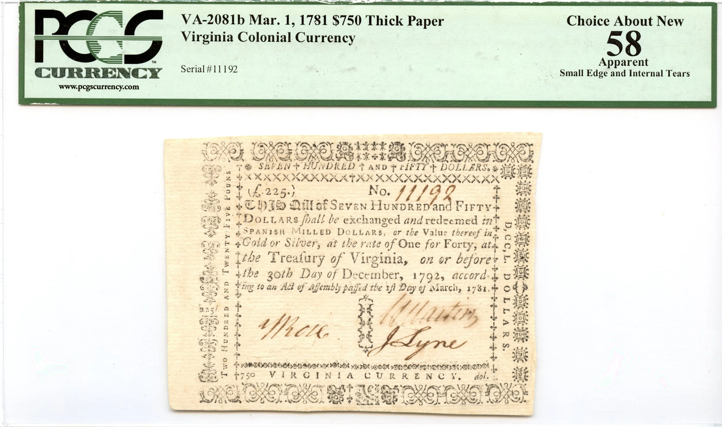 Virginia Colonial Note Fr#VA-208.1b March 1, 1781 $750 PCGS AU-58 *Finest Known*